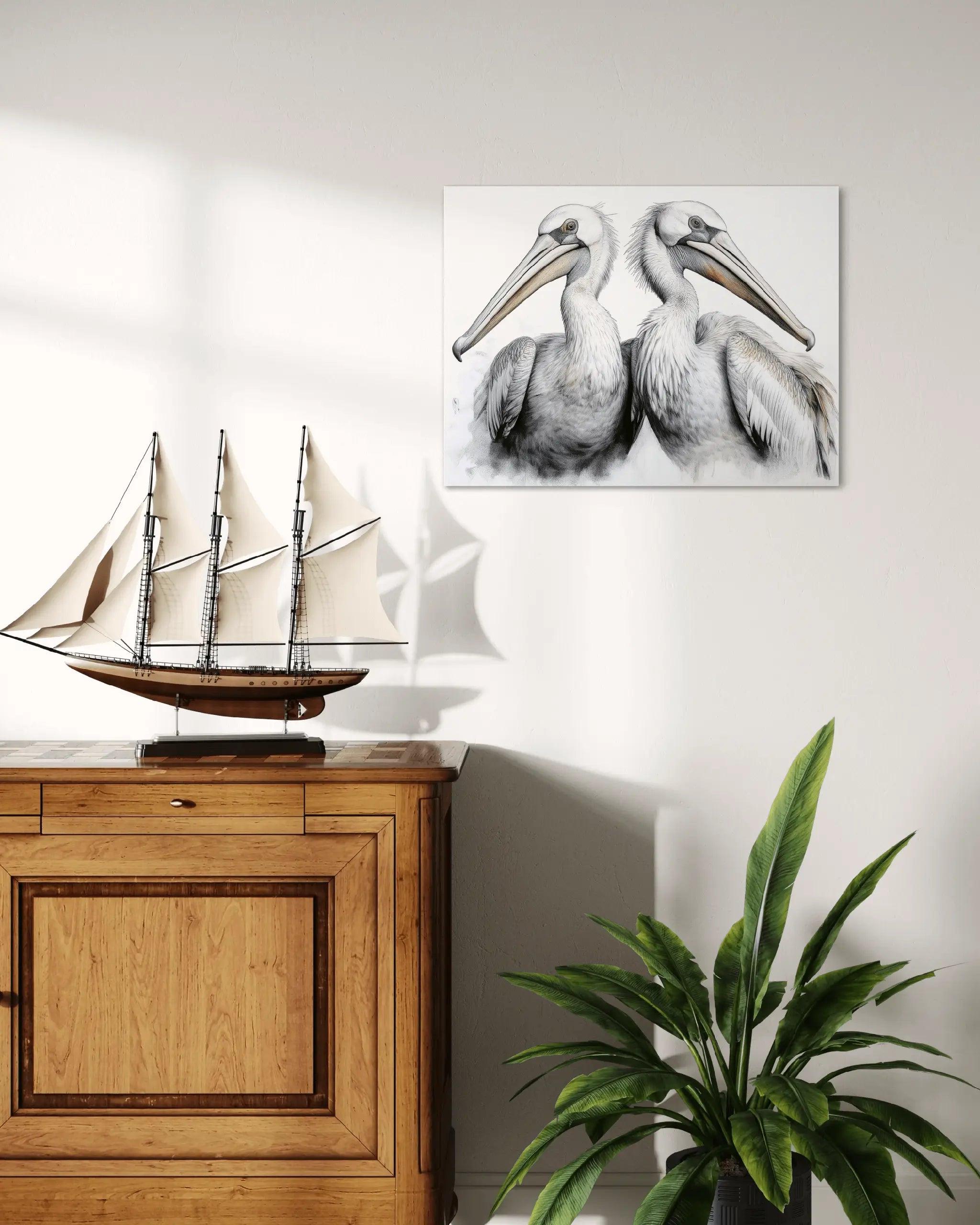 Glass print of a pair of Dalmatian pelicans shown with an old sailing ship on a wall unit