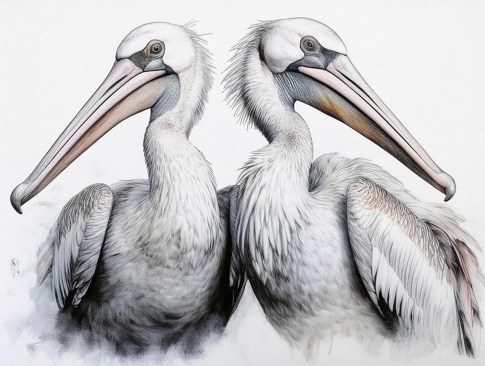 Art glass print of a pair of Dalmatian pelicans in soft colors on white background