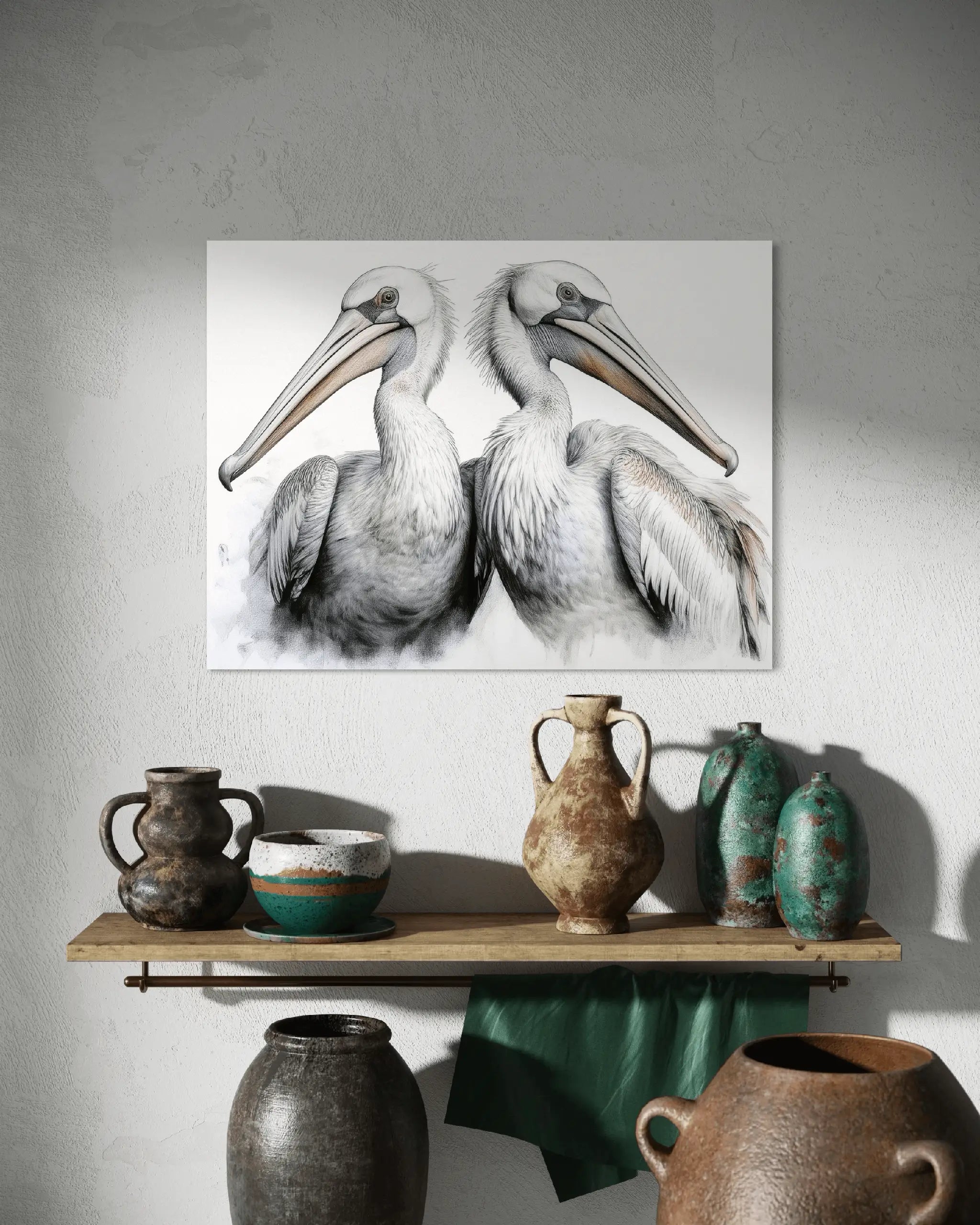 Coastal glass art print of a pair of Dalmatian Pelicans above a shelf with pottery