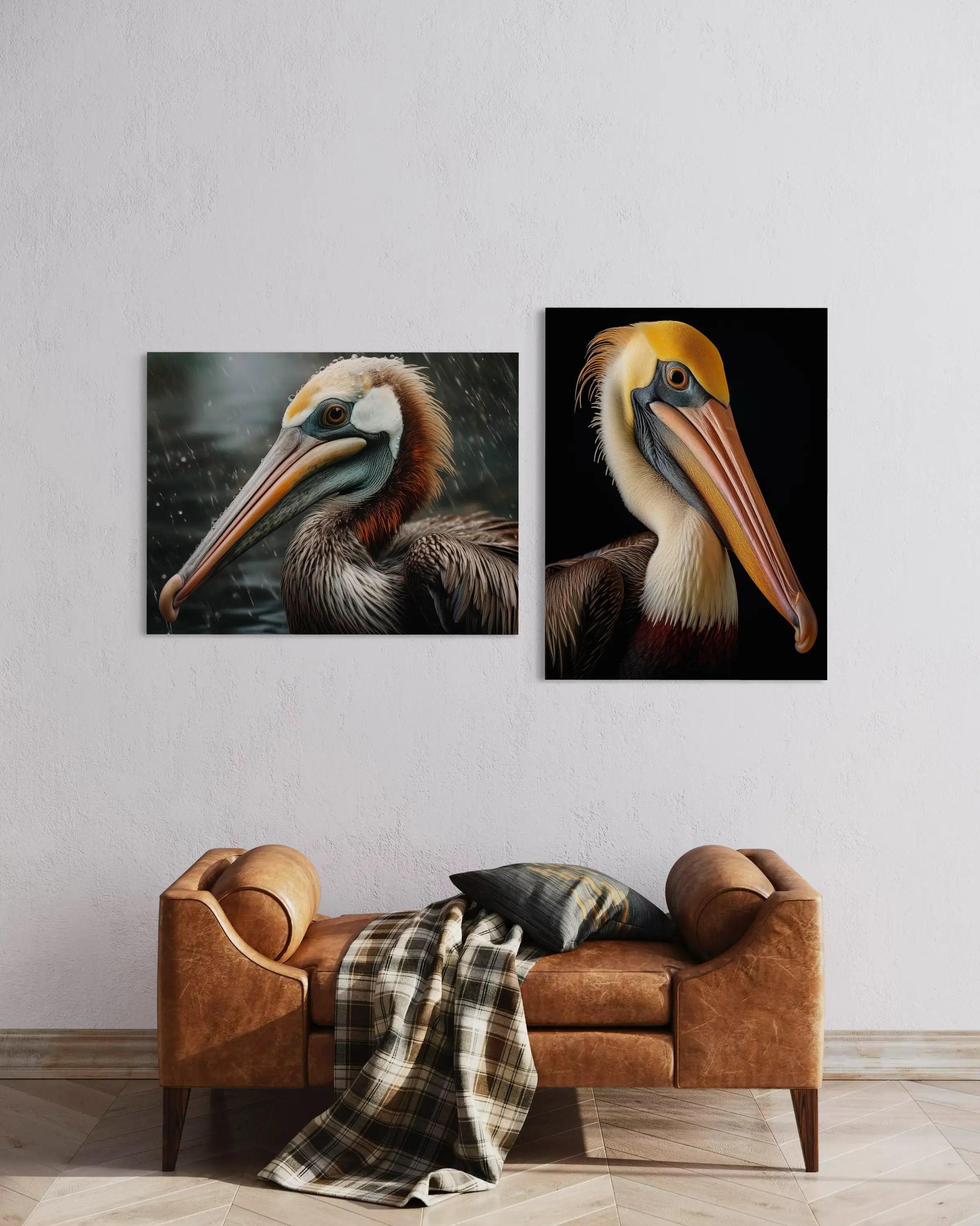 Close-up pelican with raindrops on its feathers and beak in a rainy coastal setting displayed with another print