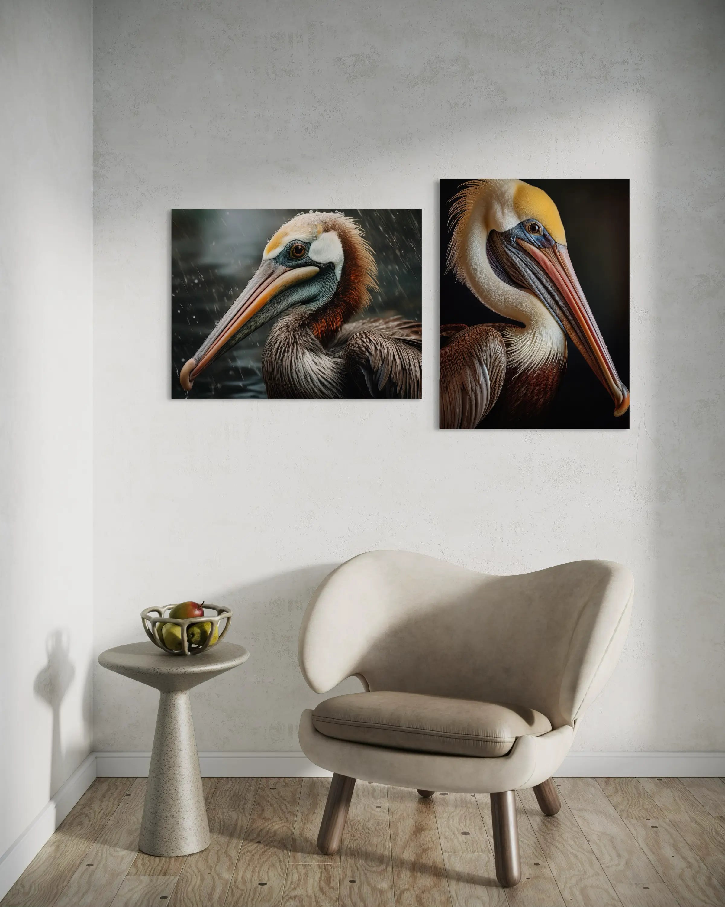 Close-up pelican with raindrops on its feathers and beak in a coastal setting displayed with another print