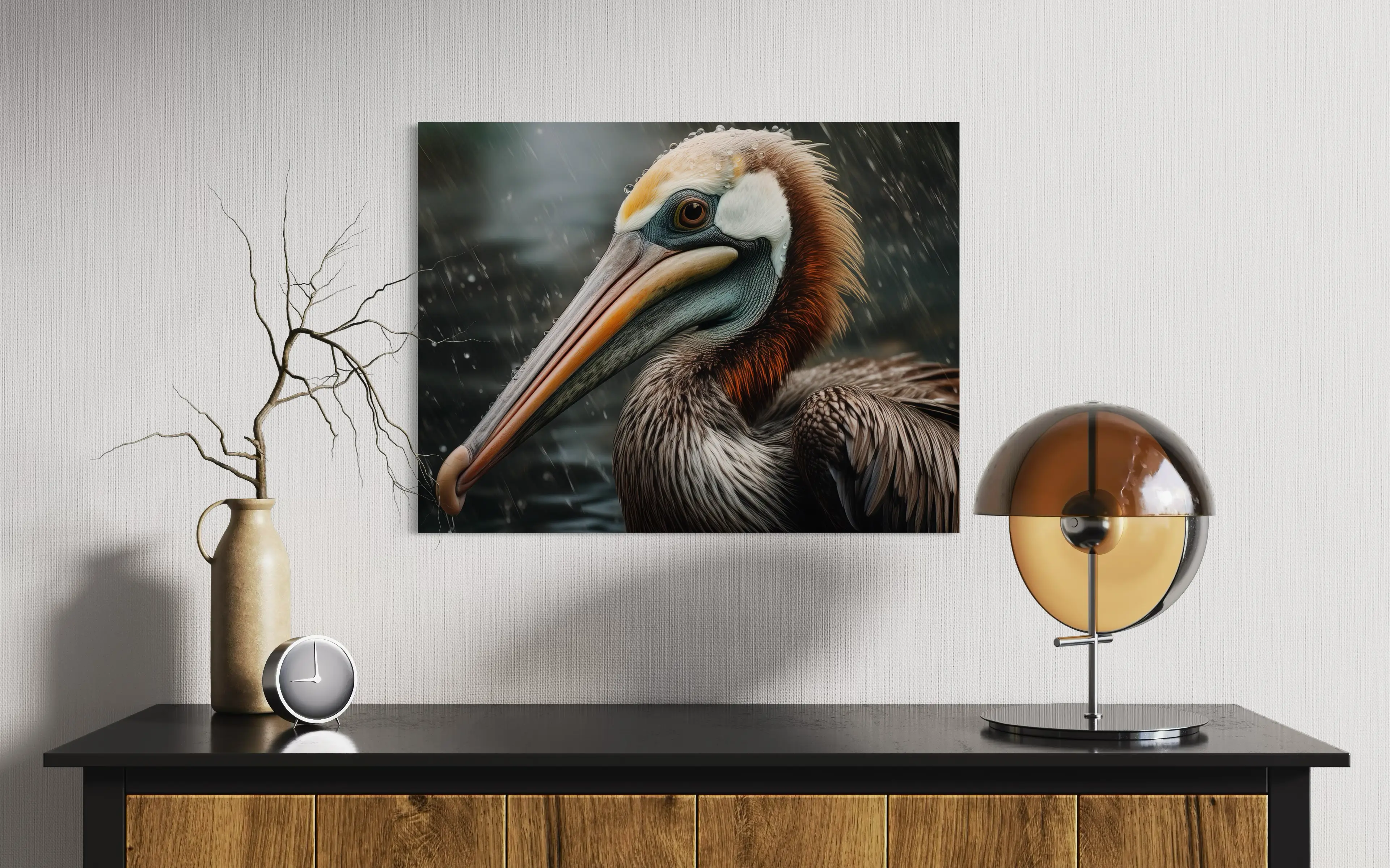 Close-up pelican with raindrops on its feathers and beak in a rainy coastal setting, above side table