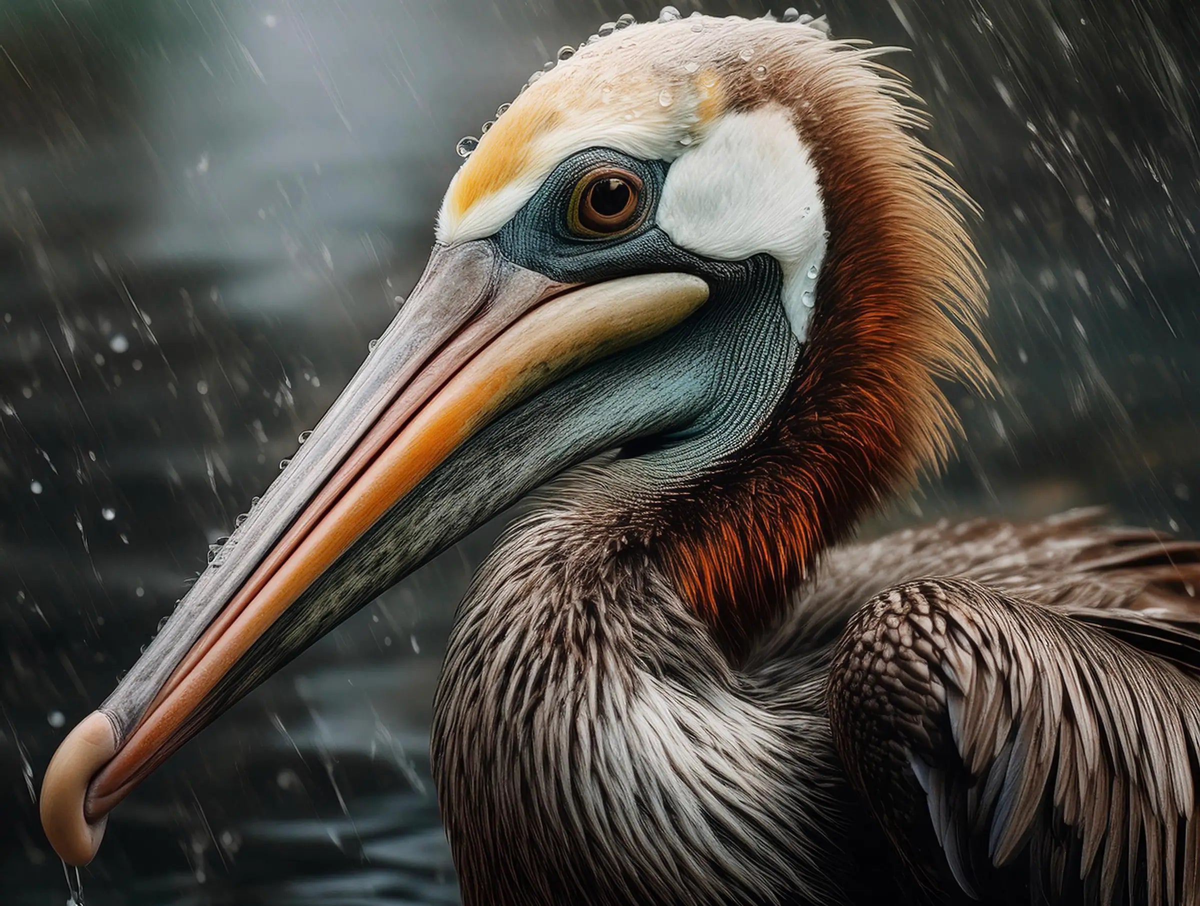 Close-up pelican with raindrops on its feathers and beak in a rainy coastal setting.