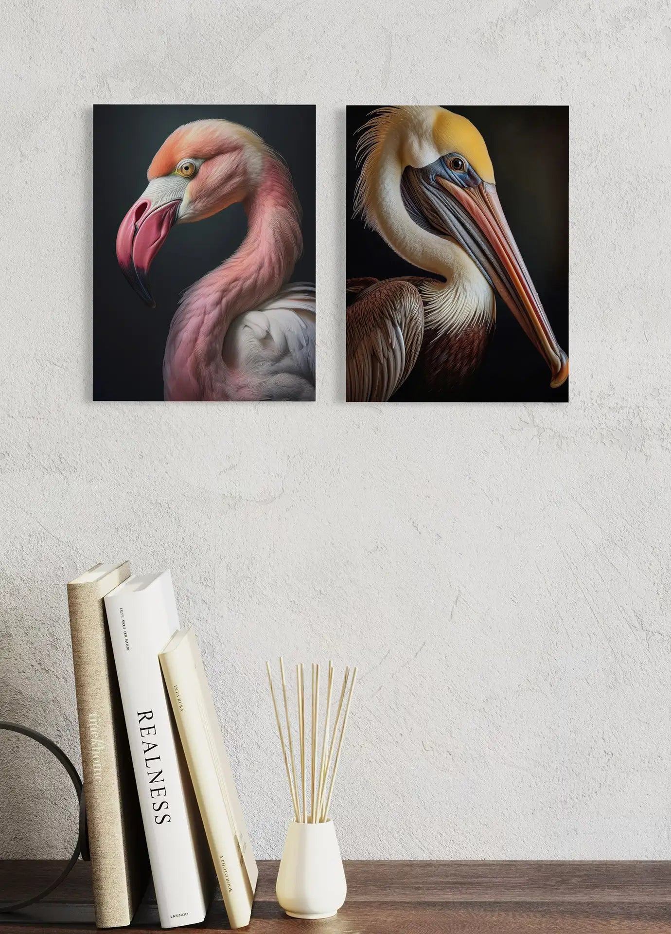 Flamingo and pelican coastal bird wall art set – tropical elegance glass prints with modern coastal style.