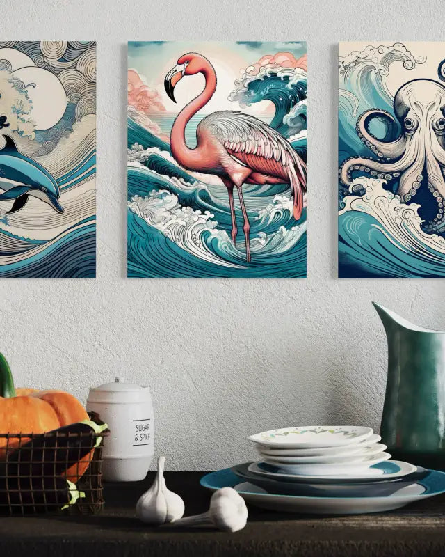 Pink Flamingo Line Art Print with Tropical Waves on Glass, Coastal Wall Decor