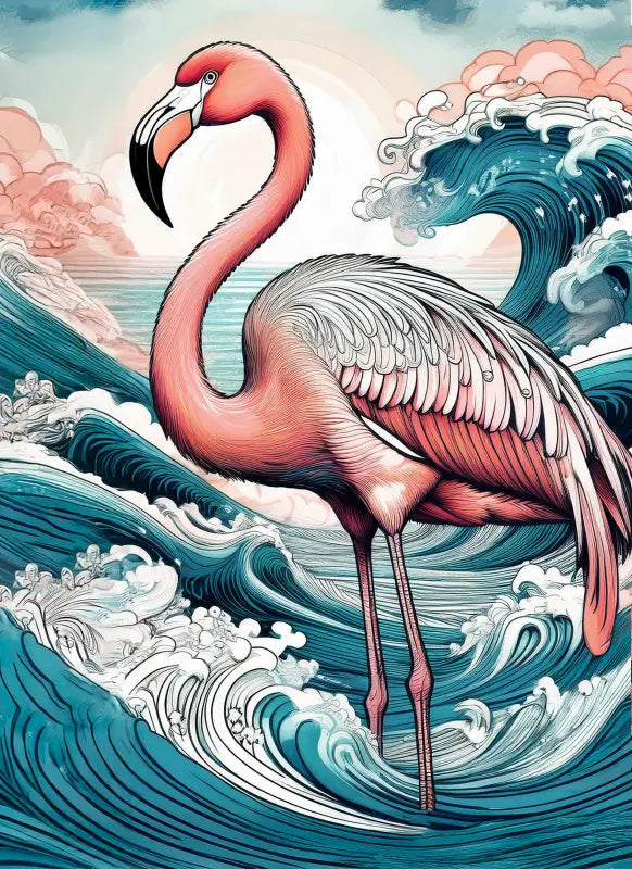Pink Flamingo Line Art Print with Tropical Waves on Glass, Coastal Decor