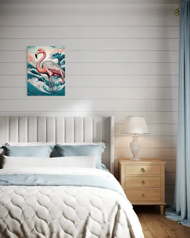 Pink flamingo on a tropical coastal glass art print in shades of pinks and blues, Bedroom Coastal Decor