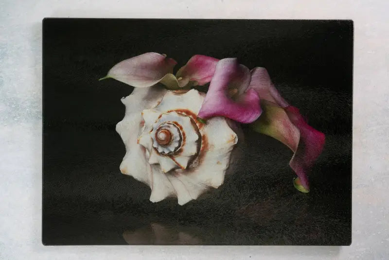 Pink Lily & Spiral Shell Glass Charcuterie Board Coastal Decor