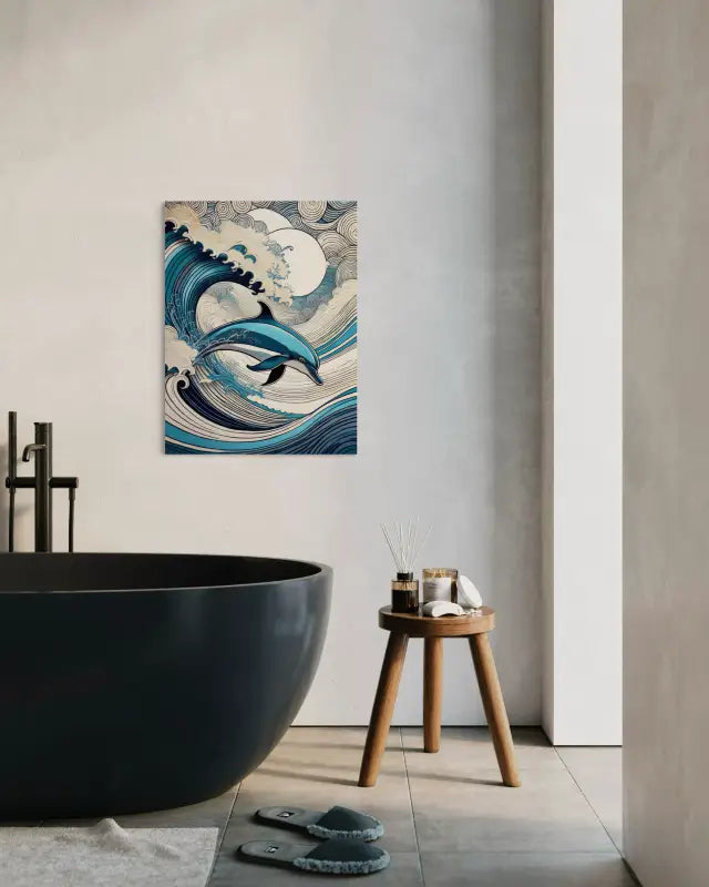 Line art dolphin frolicking in Hokusai-style waves on glass-bathroom decor