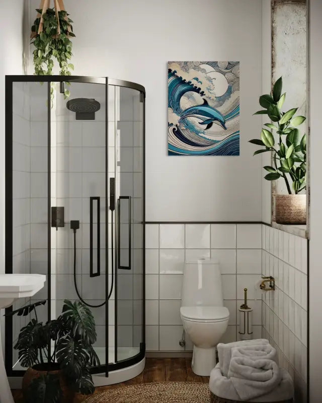 Line art dolphin frolicking in Hokusai-style waves on glass-bathroom wall decor.
