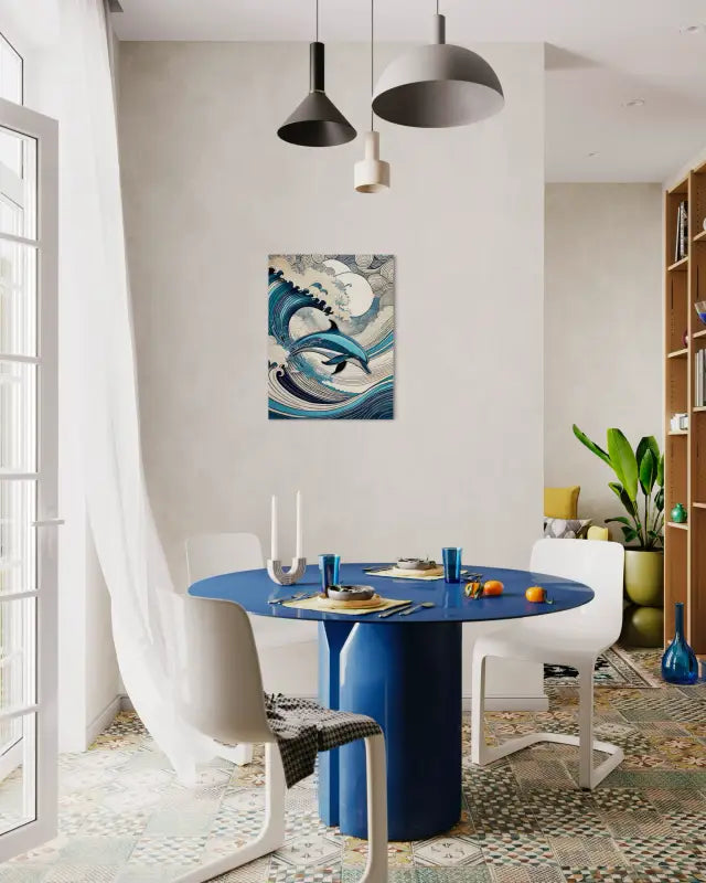 Line art dolphin frolicking in Hokusai-style waves on glass-dining area decor