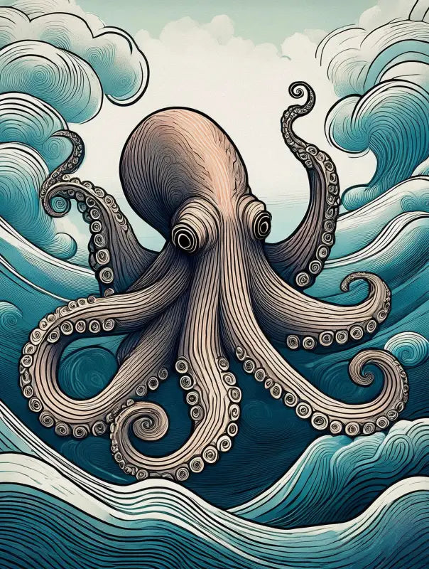 Whimsical line art octopus amidst Hokusai-style blue and turquoise waves on glass.