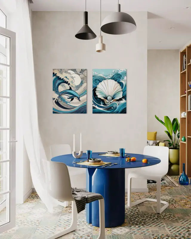 Line art dolphin frolicking in Hokusai-style waves on glass displayed with a matching Echoes print.