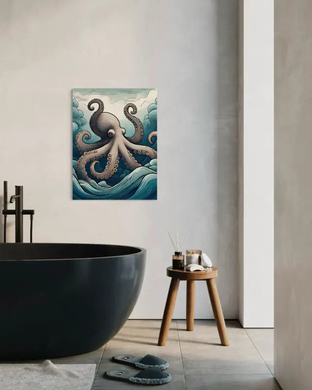 Whimsical line art octopus amidst Hokusai-style blue and turquoise waves on glass_bathroom decor