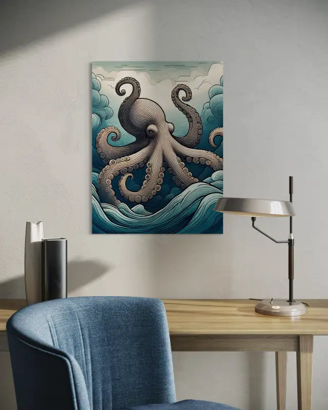 Whimsical line art octopus amidst Hokusai-style blue and turquoise waves on glass above a desk