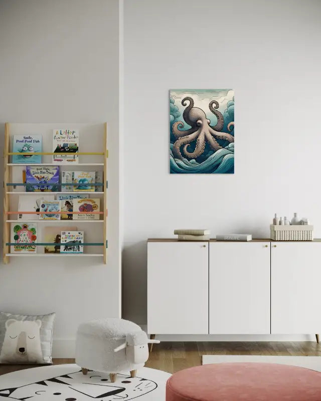 Whimsical line art octopus amidst Hokusai-style blue and turquoise waves on glass.-child's room decor