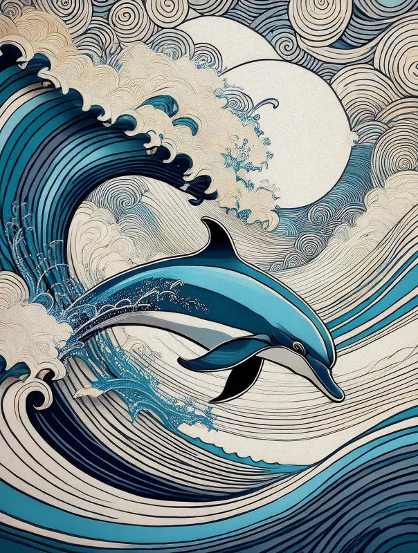 Line art dolphin frolicking in Hokusai-style waves on glass