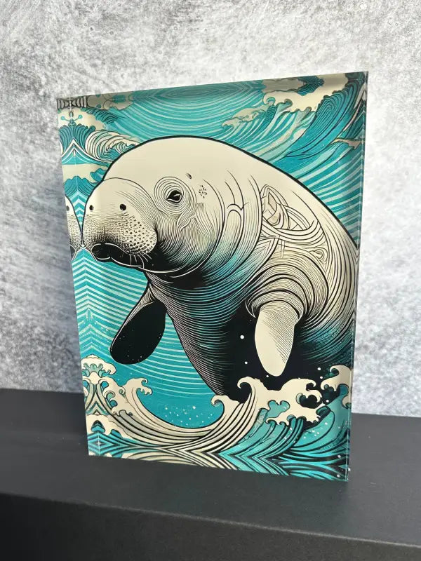 Playful Manatee Line Art Coastal Acrylic Block Print from Echoes of the Sea, showcasing intricate manatee details with a 3D effect