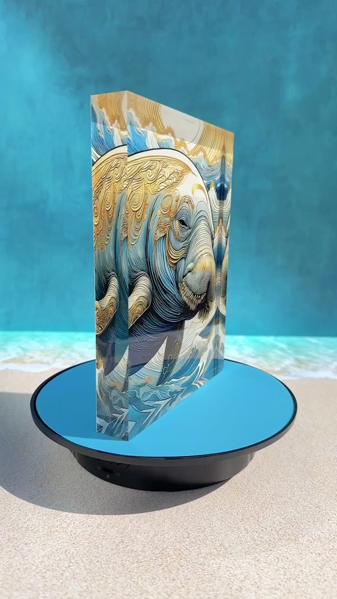 Video-Fantastical Manatee Coastal Acrylic Block Print: Blues & Gold, showcasing a surreal manatee with a 3D effect