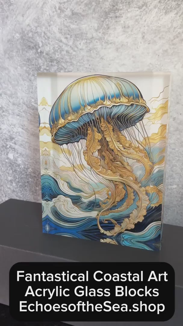 3D acrylic block print of a blue jellyfish with gold accents for coastal decor