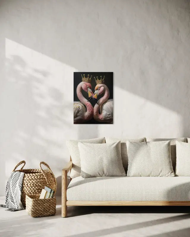 Golden Crowned Flamingo Heart Glass Print, coastal romantic art, eco-friendly_sitting area