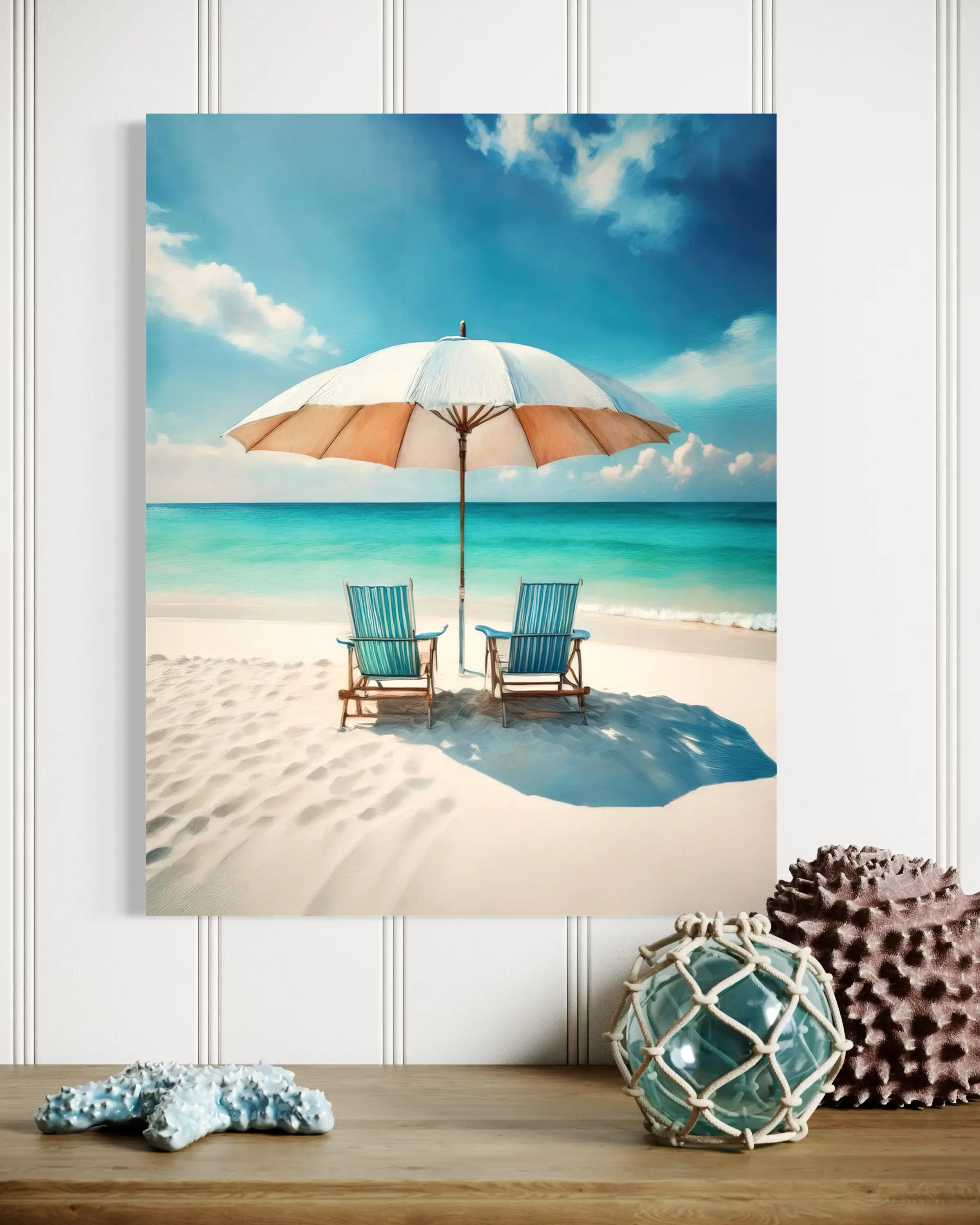 Relaxing in Paradise coastal beach glass print wall art with tranquil beach chairs and blue ocean scene, cozy nook