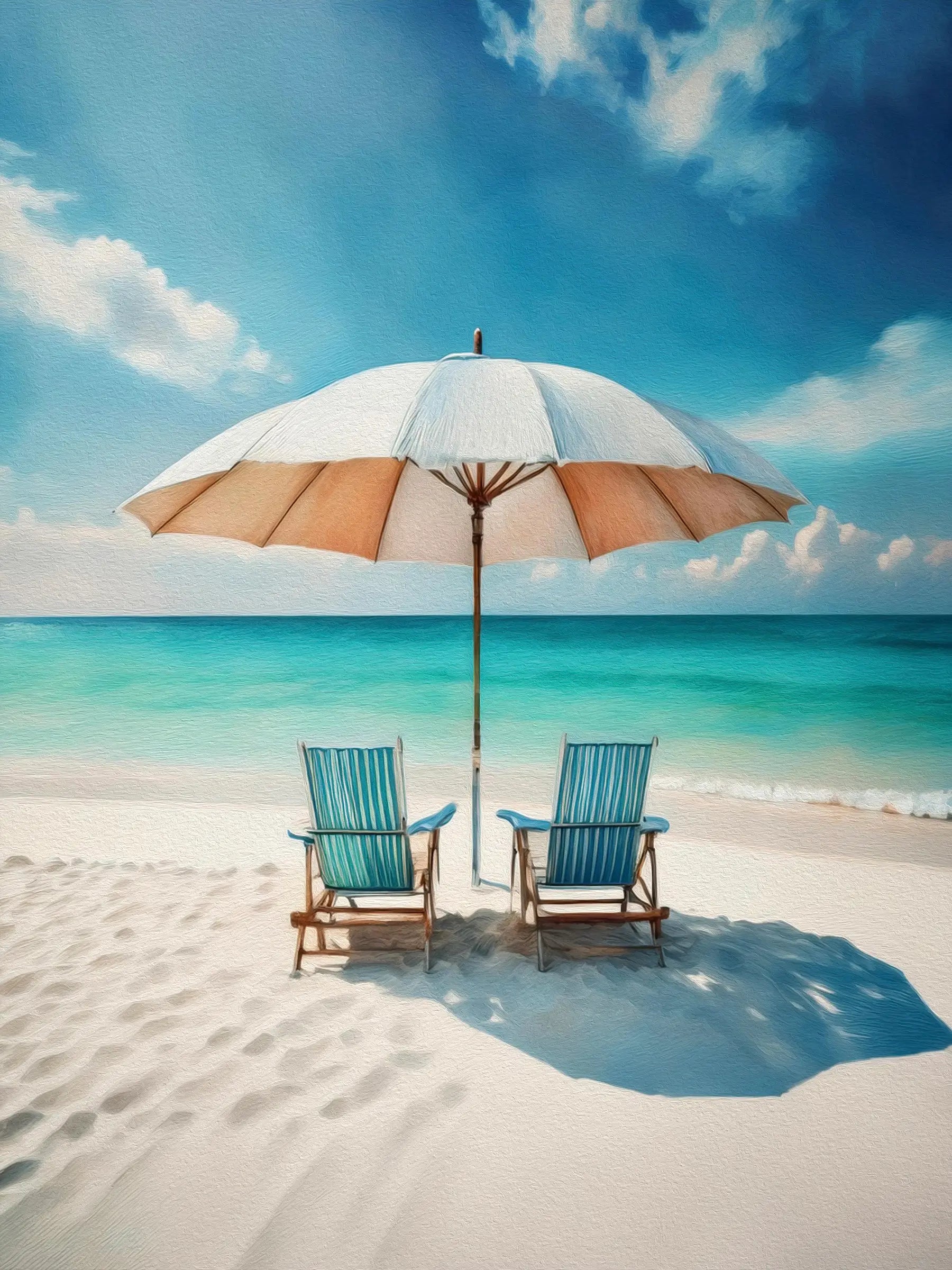 Relaxing in Paradise coastal beach glass print wall art with tranquil beach chairs and blue ocean scene