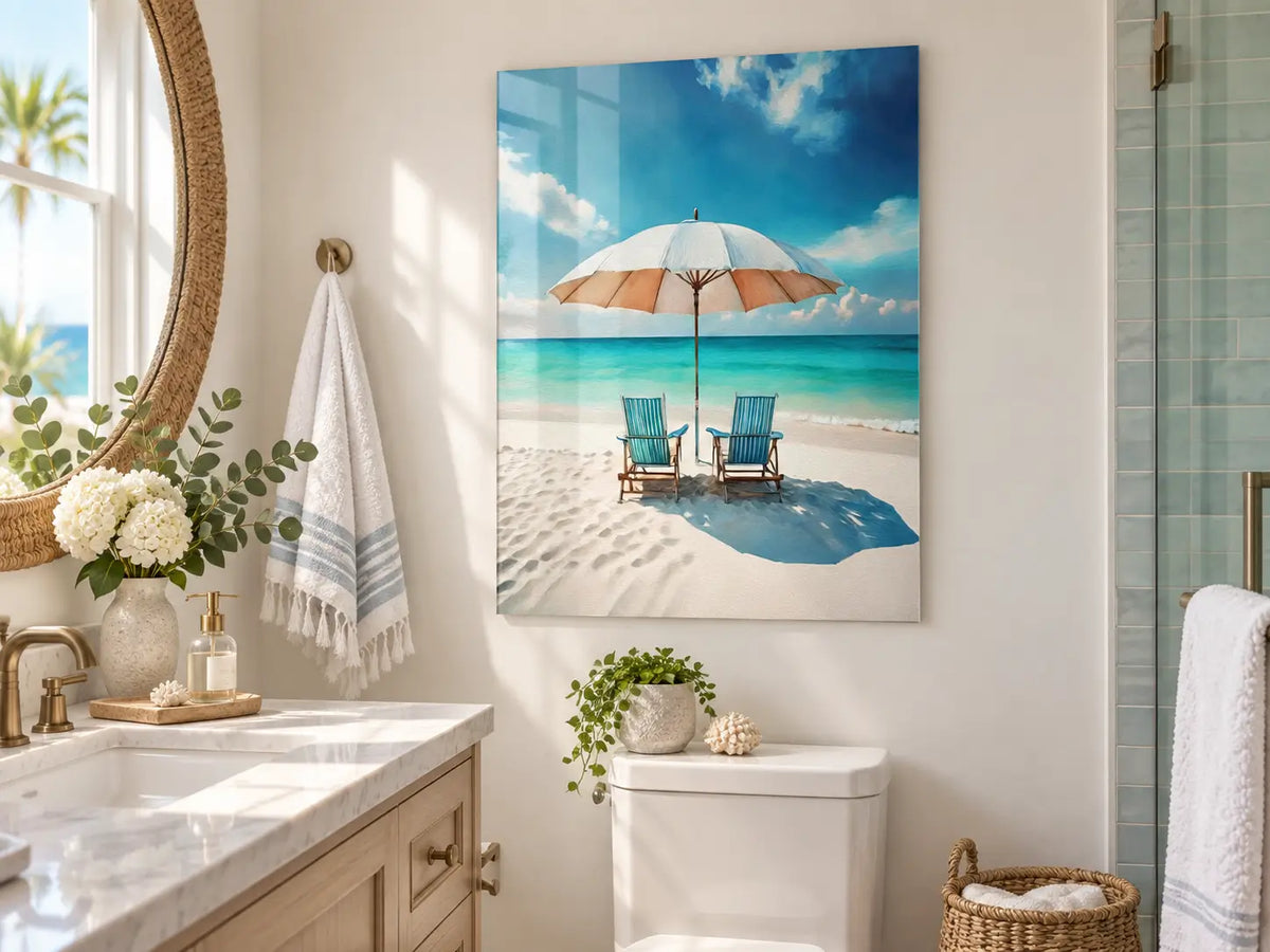 Relaxing in Paradise coastal glass print styled in a serene coastal bathroom.