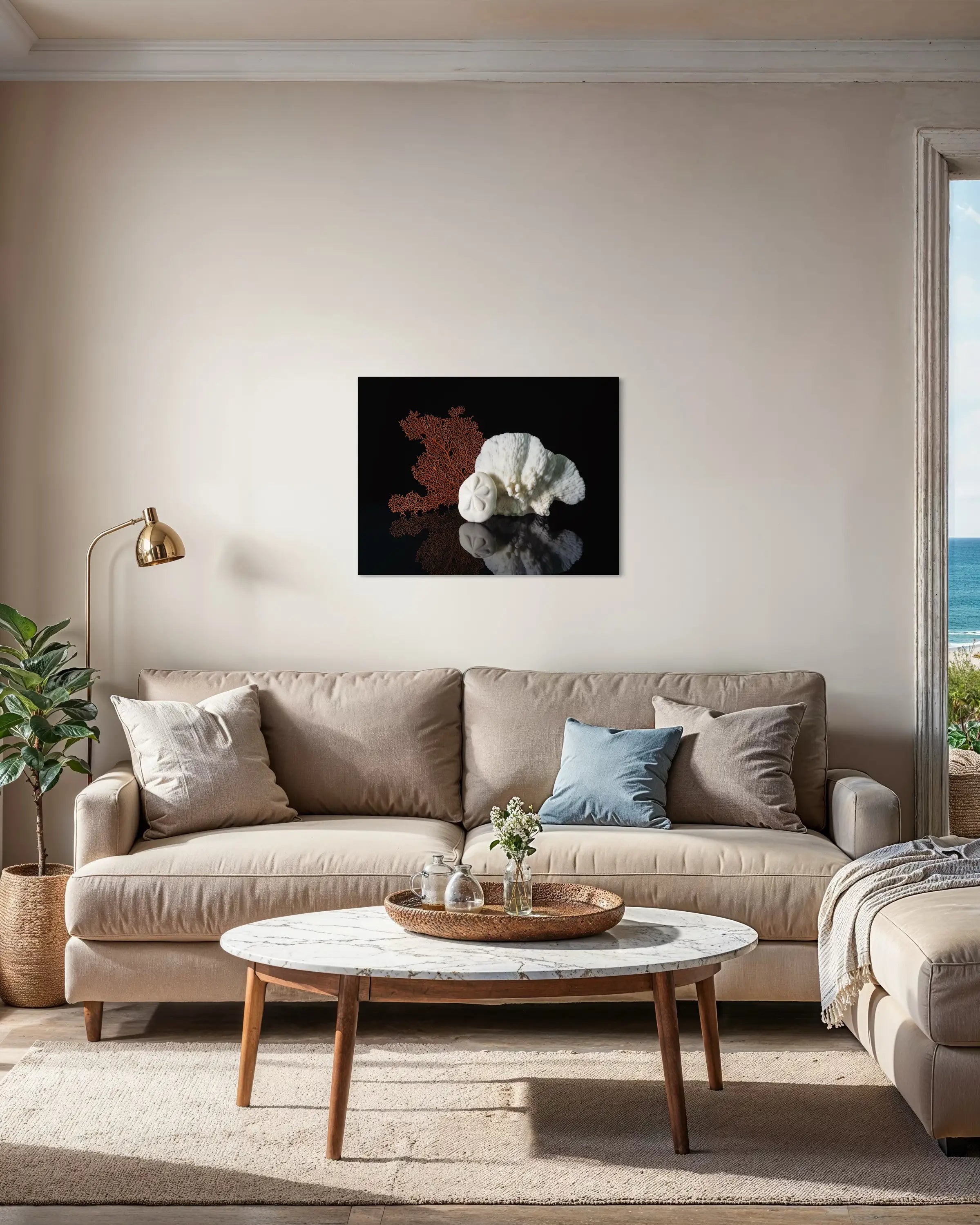 Sand dollar, cactus coral, sea fan on black coastal glass print, coastal wall art, living room