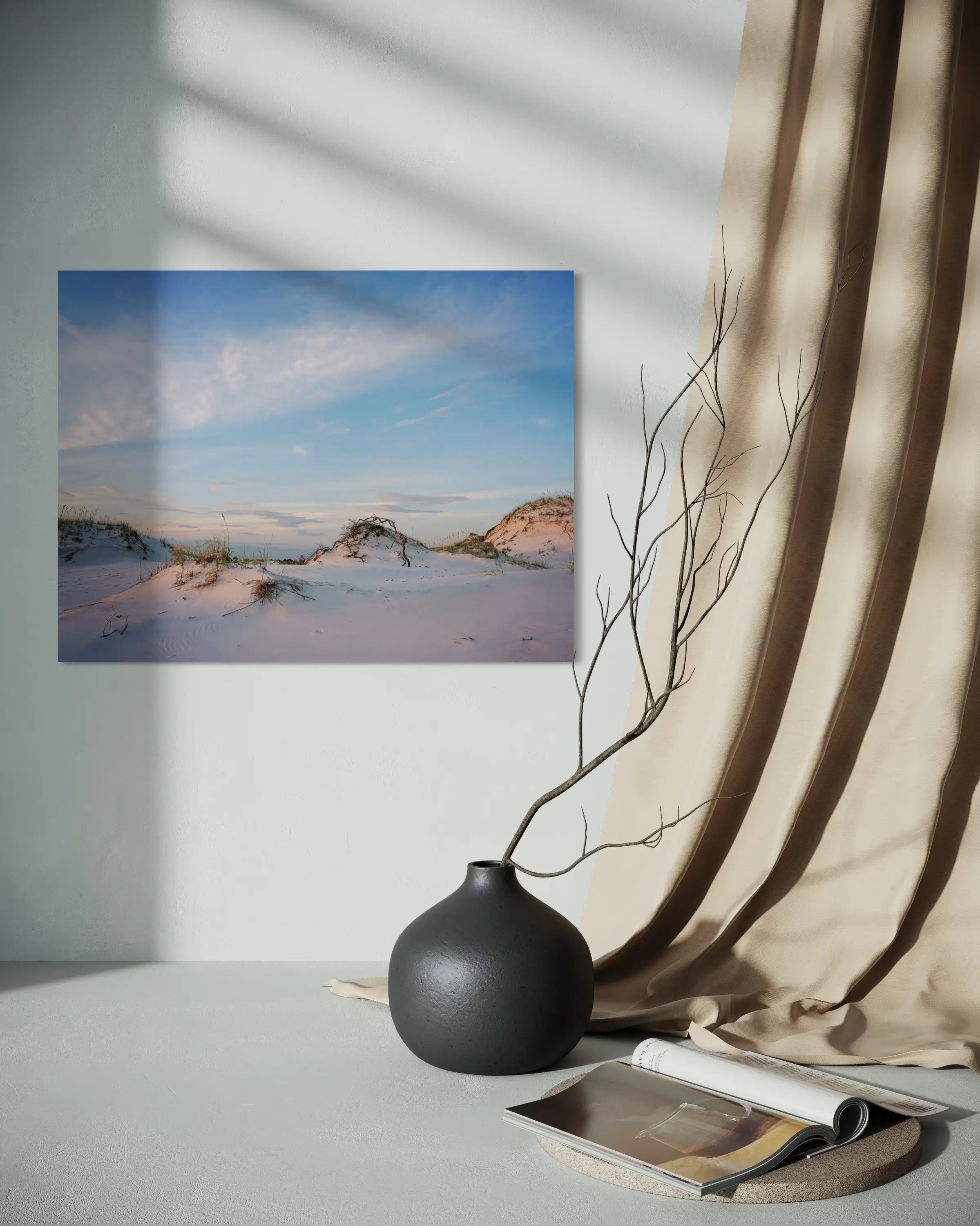 Sandy dunes and sea oats on reflective glass, coastal art for ocean art wall decor.