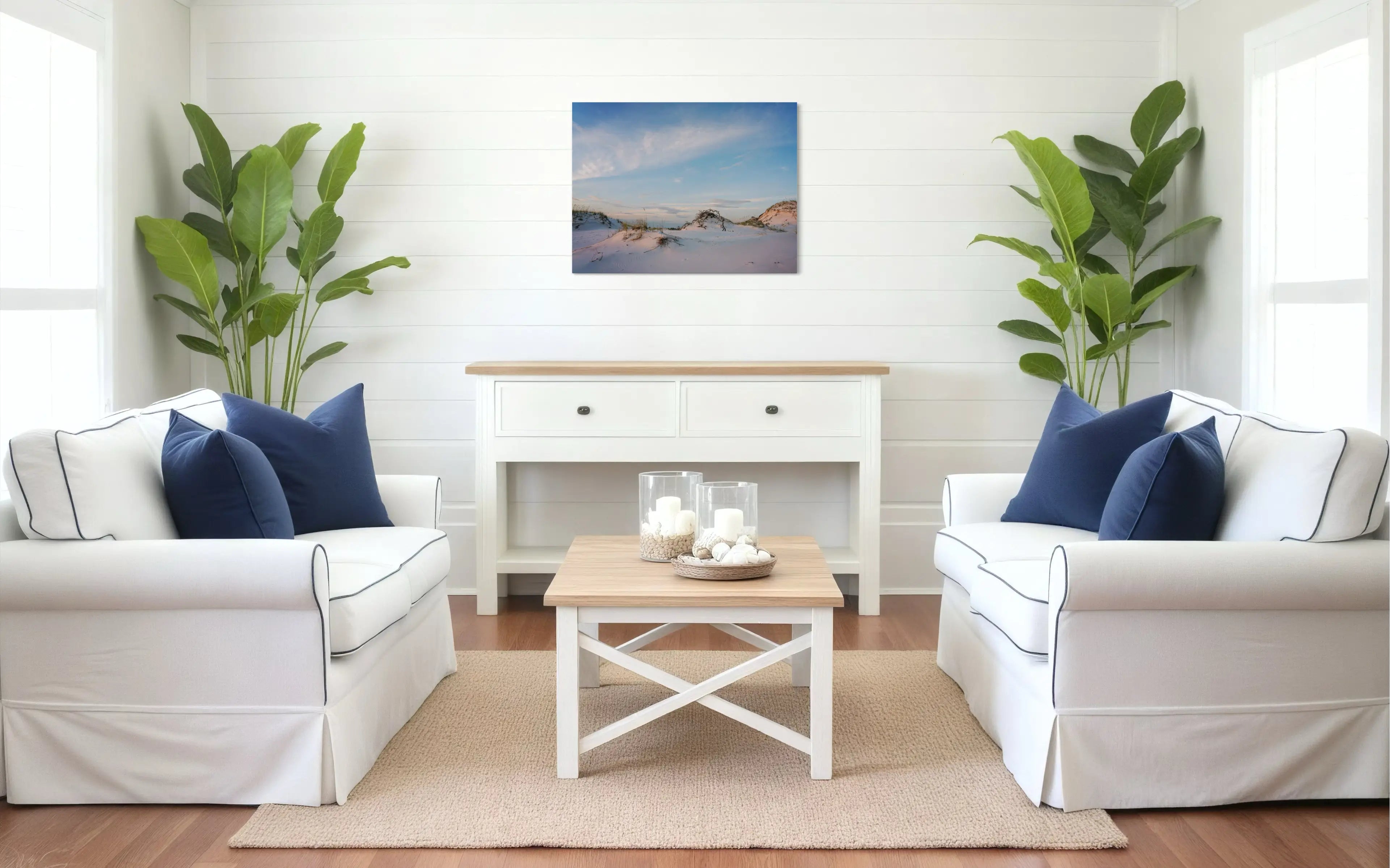 Sandy dunes and sea oats on reflective glass, coastal art for beach living decor.