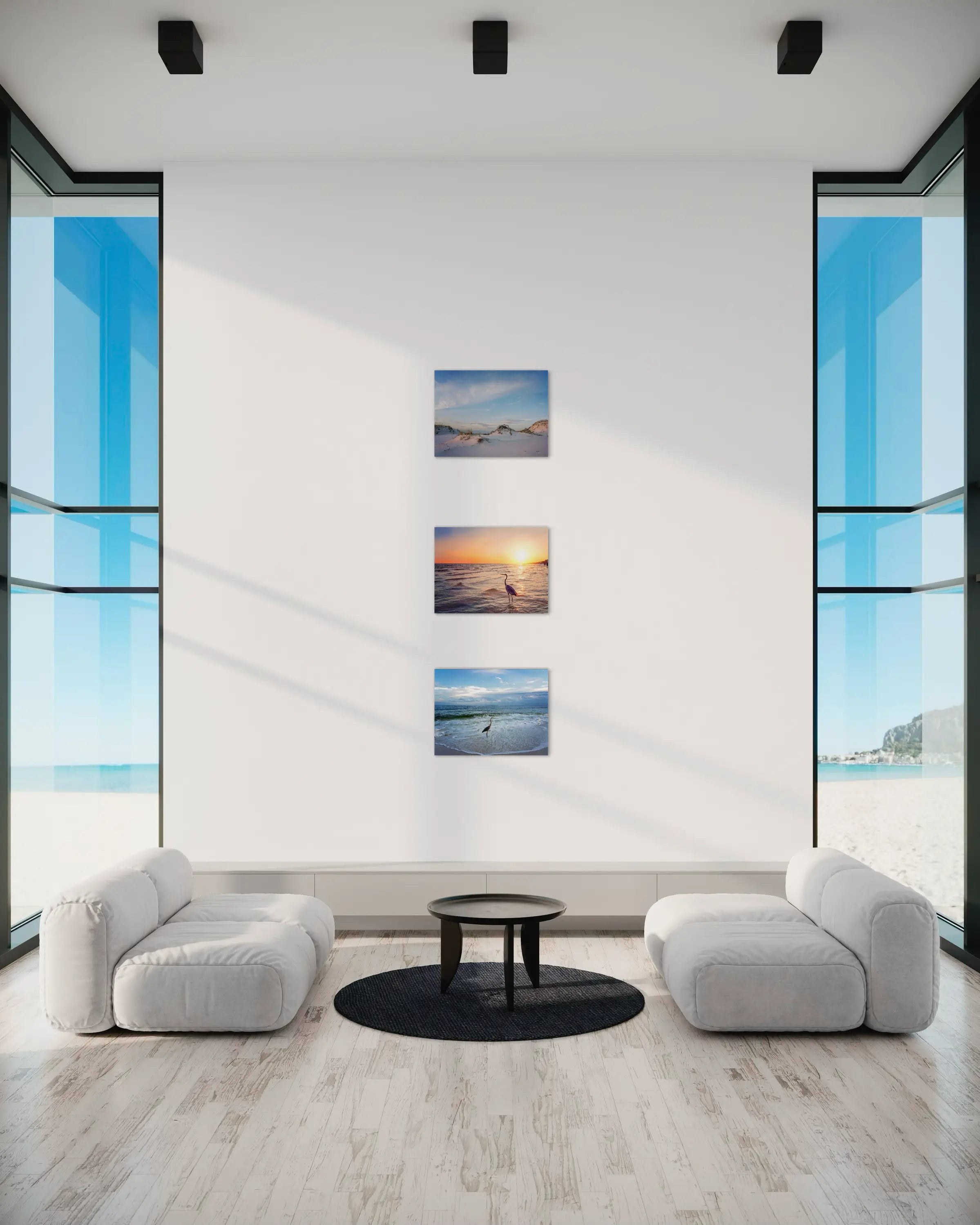 Sandy dunes and sea oats on reflective glass, coastal art with 2 other Echoes prints