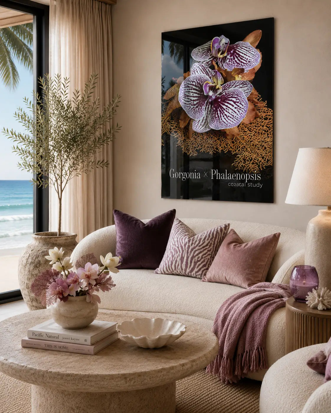 High-end coastal living room with a curved cream sofa, mauve and orchid-toned accents, and a glossy frameless glass print of purple phalaenopsis orchids and sea fan coral mounted above the seating area.