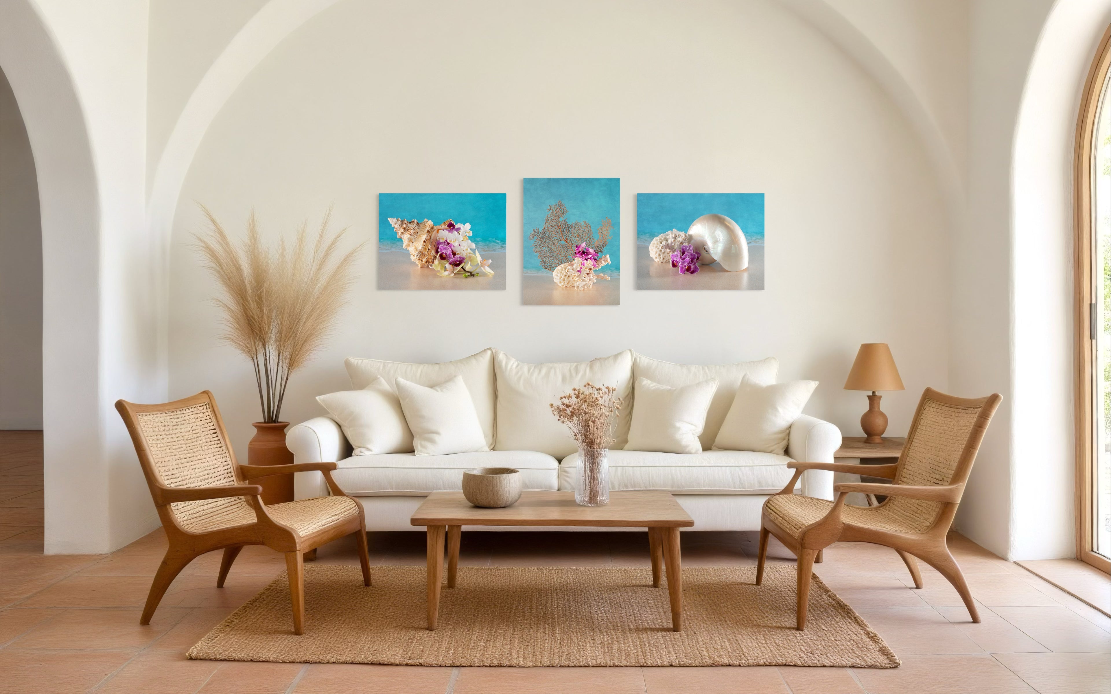 Sea Fan & Honeycomb Coral Glass Print with Orchids - Tropical Art - wall gallery Echoes prints