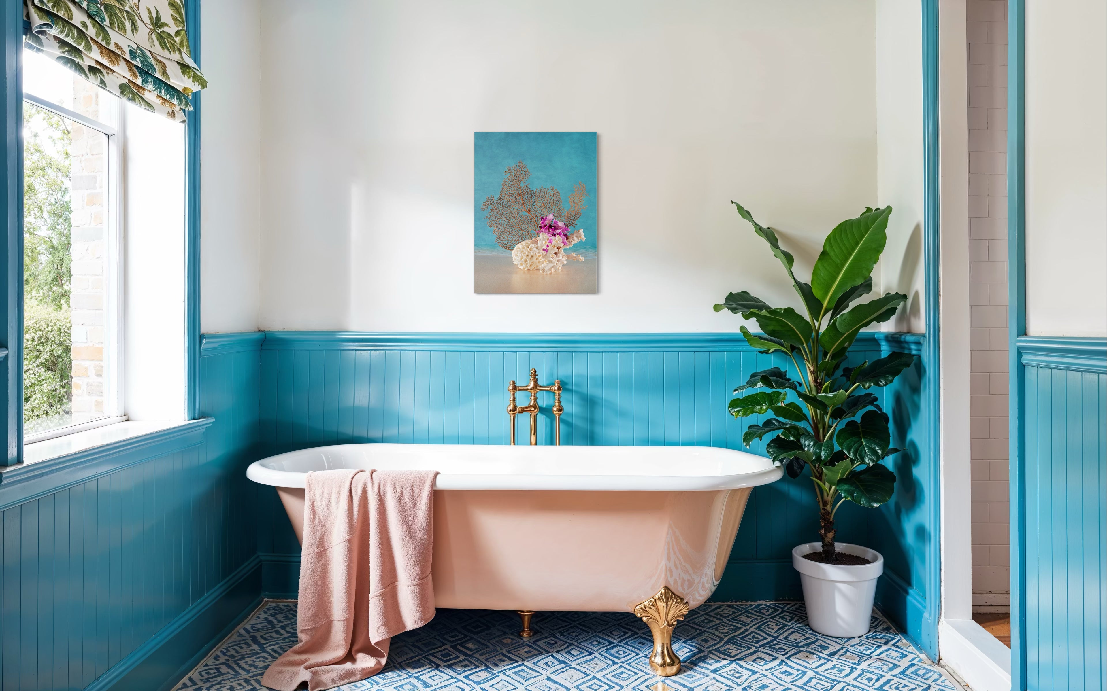 Sea Fan & Honeycomb Coral Glass Print with Orchids - Seashell print bathroom decor