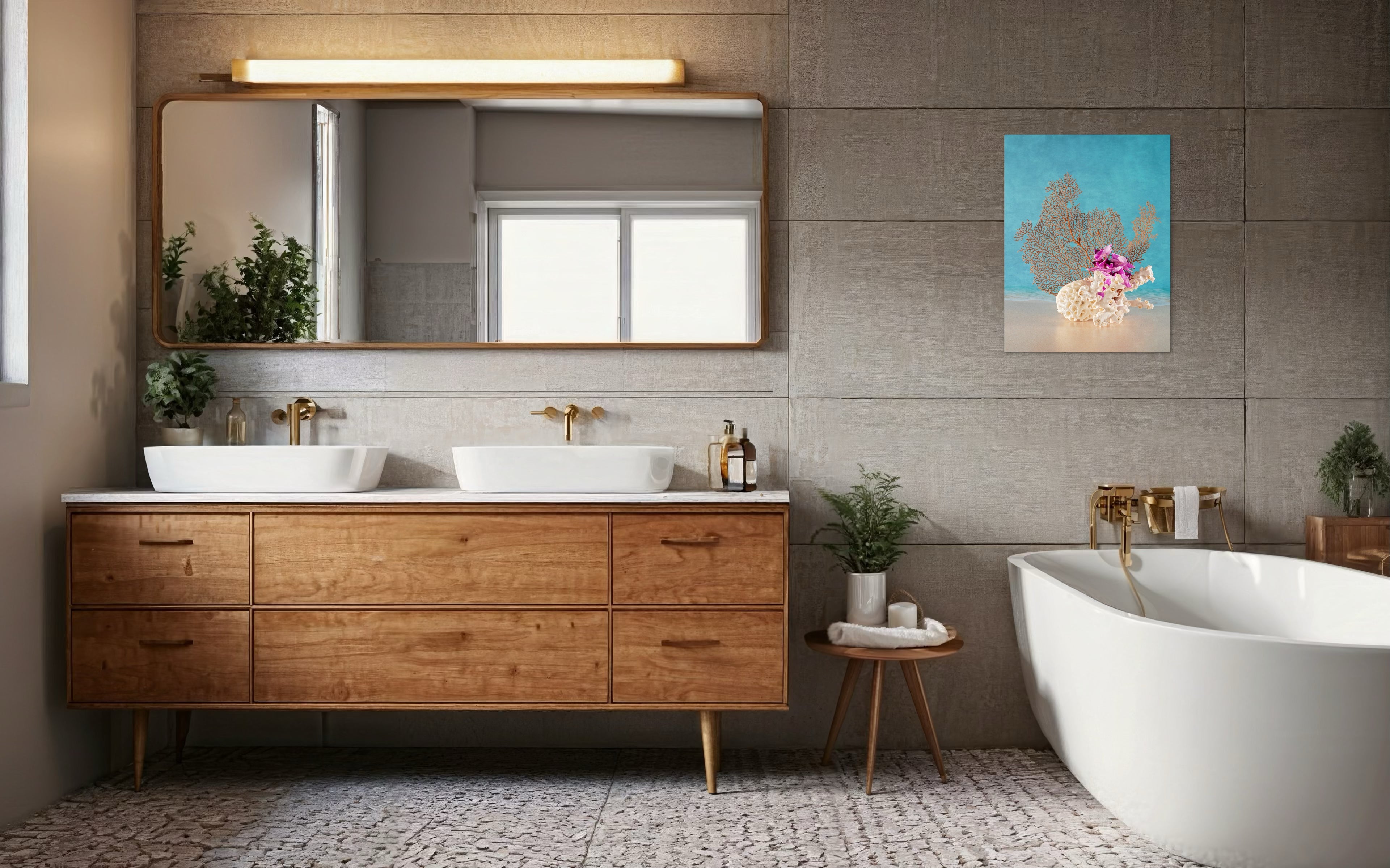 Sea Fan & Honeycomb Coral Glass Print with Orchids - Tropical Bathroom Decor