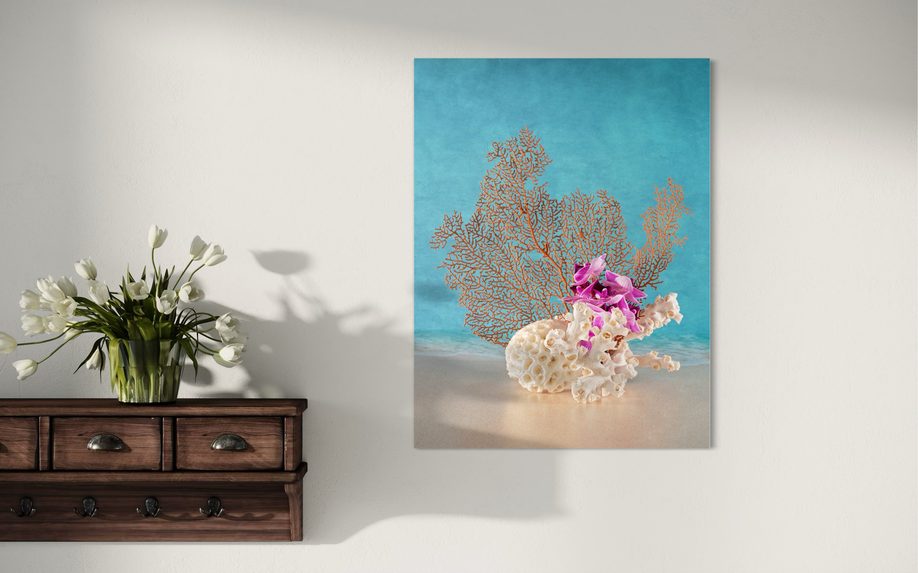 Sea Fan & Honeycomb Coral Glass Print with Orchids - Tropical Art - Shell Prints
