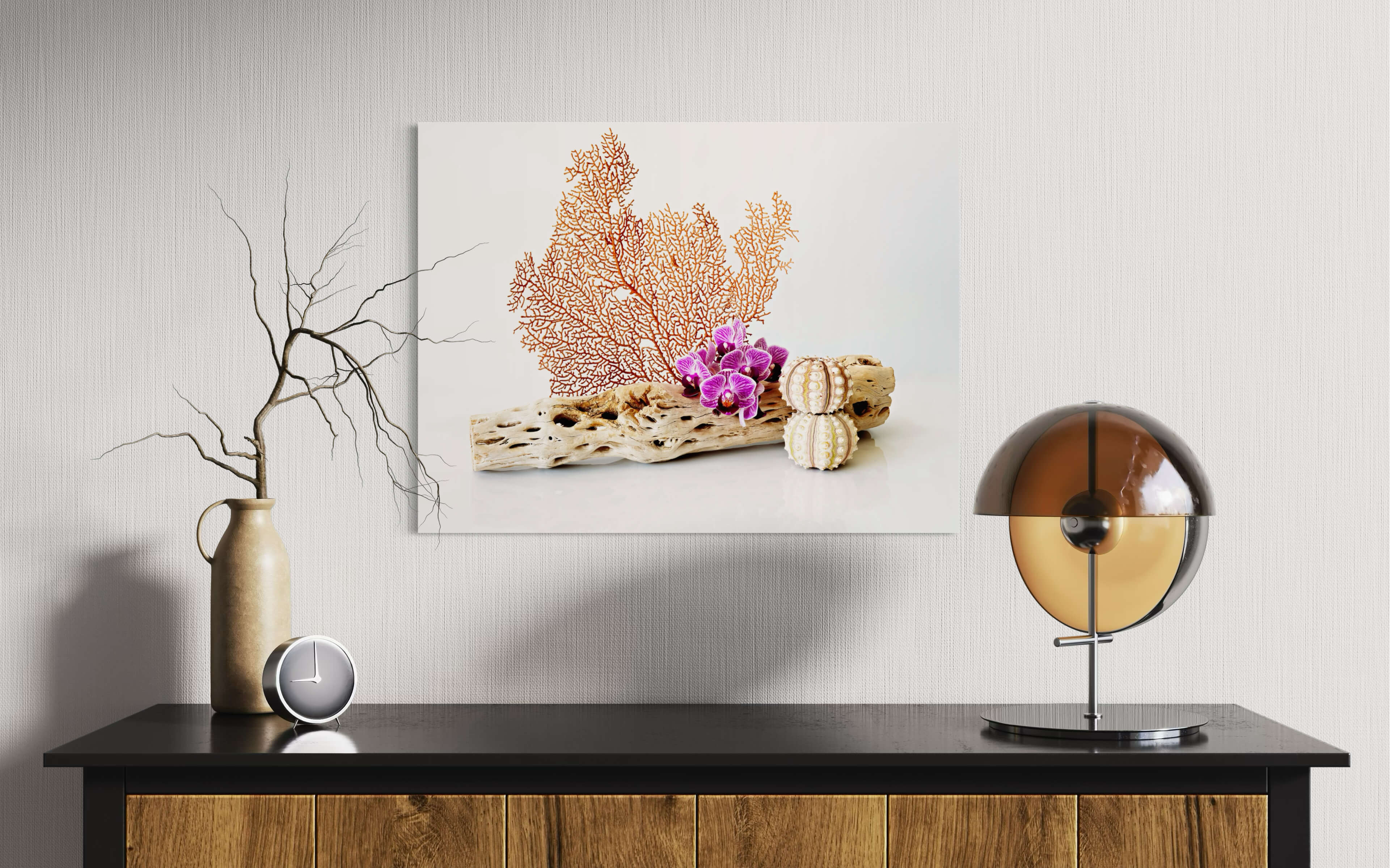 Glass print of sea fan, driftwood, orchids, and urchins-home wall decor