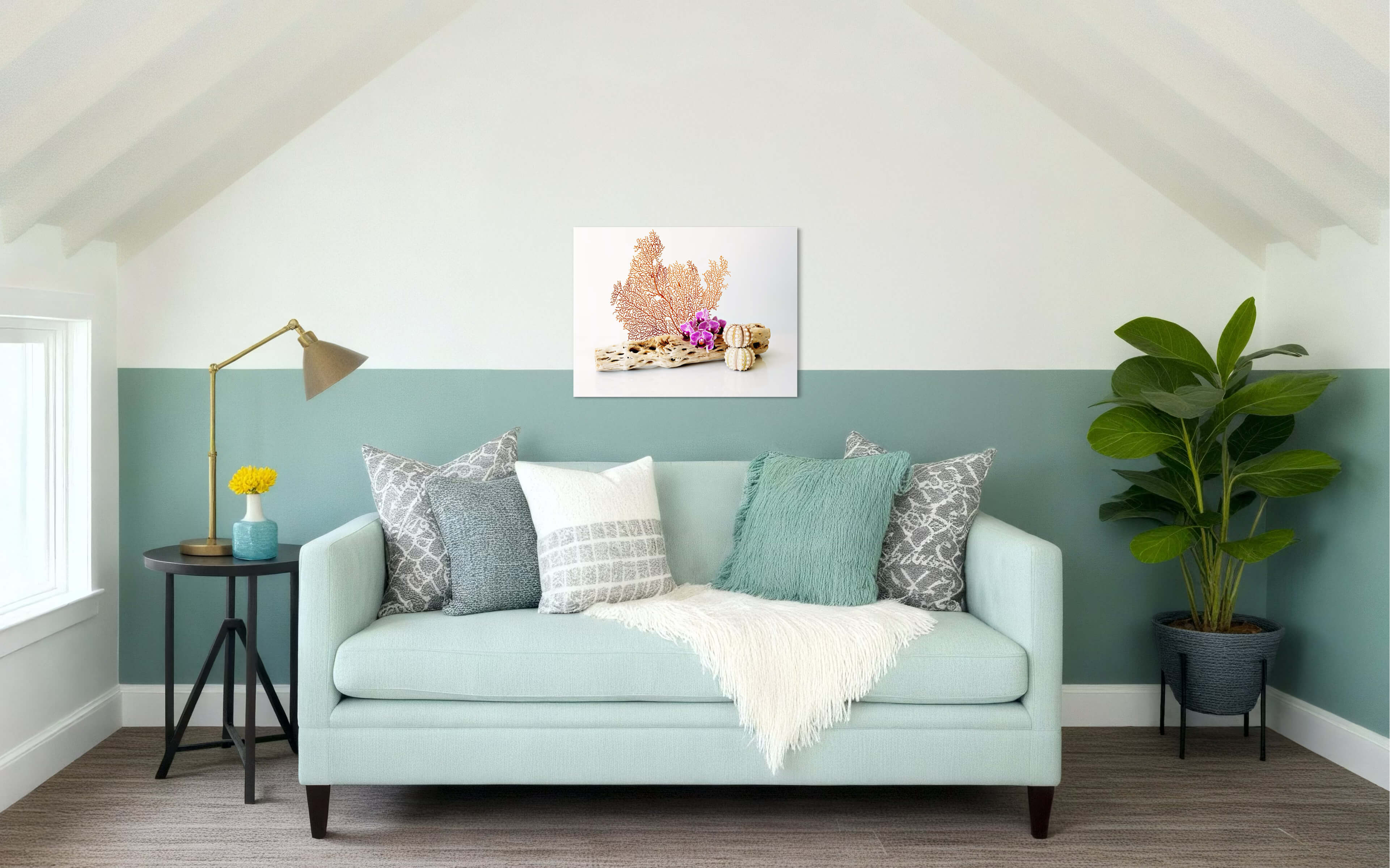 Glass print with sea fan, driftwood, orchids, and urchins-living room wall decor