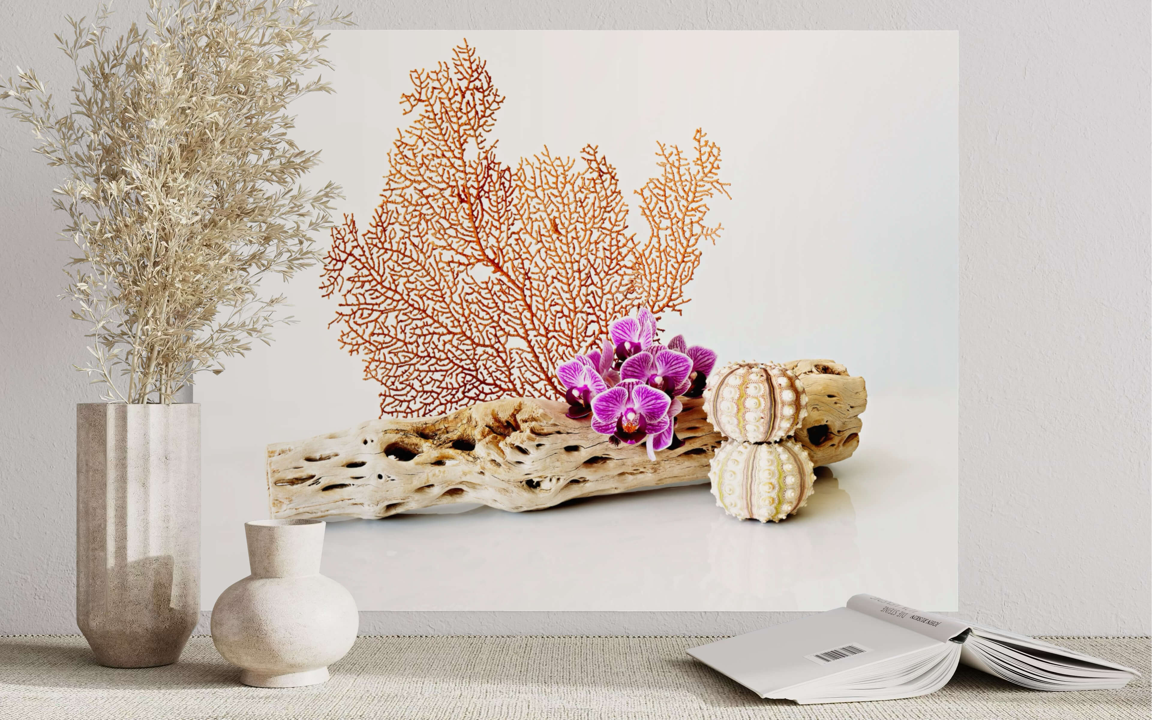 Glass print with sea fan, driftwood, orchids, and urchins display
