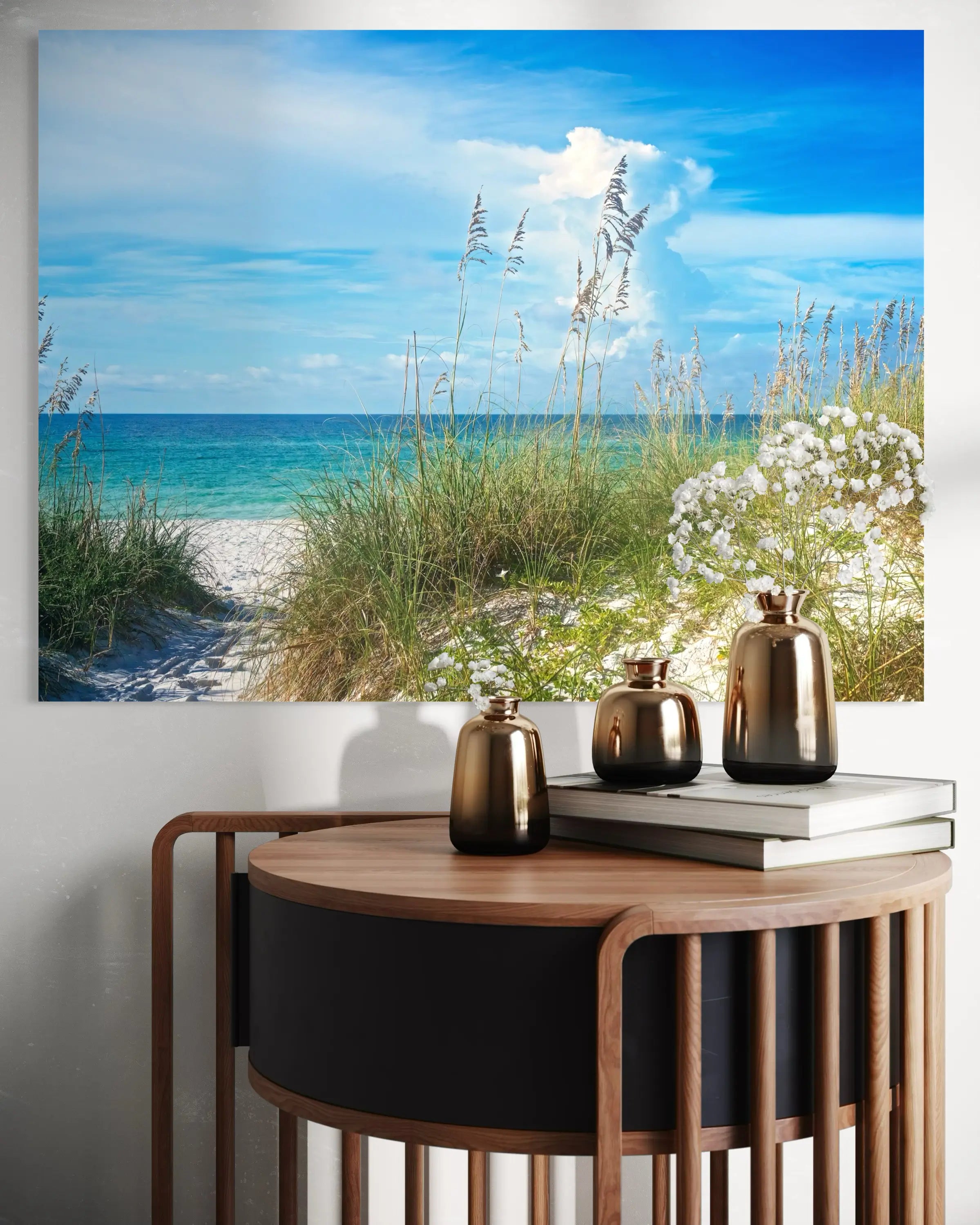 Sea oats and beach on glass, Echoes of the Sea coastal art, above small table
