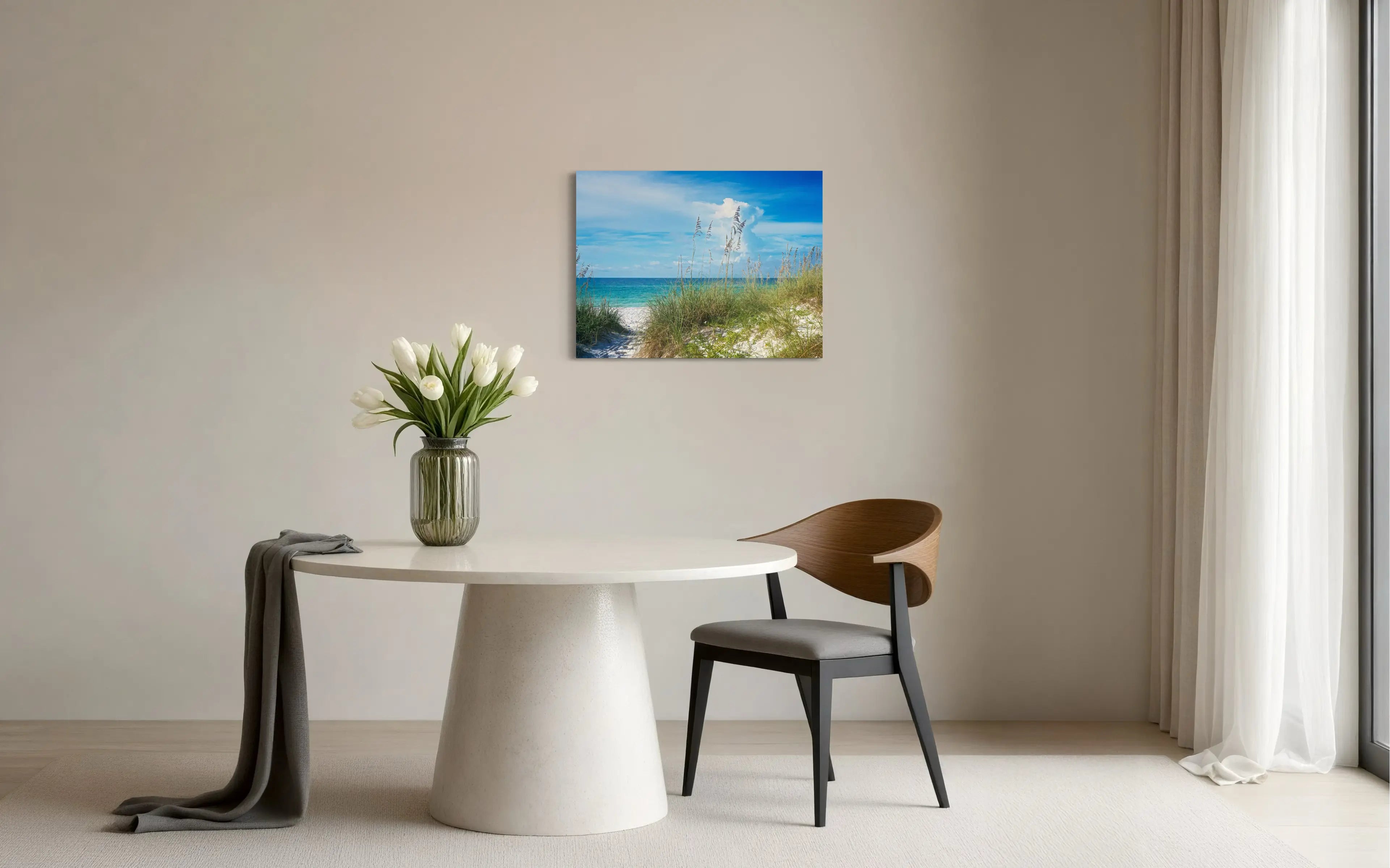 Sea oats and beach on glass, Echoes of the Sea coastal art, dining room