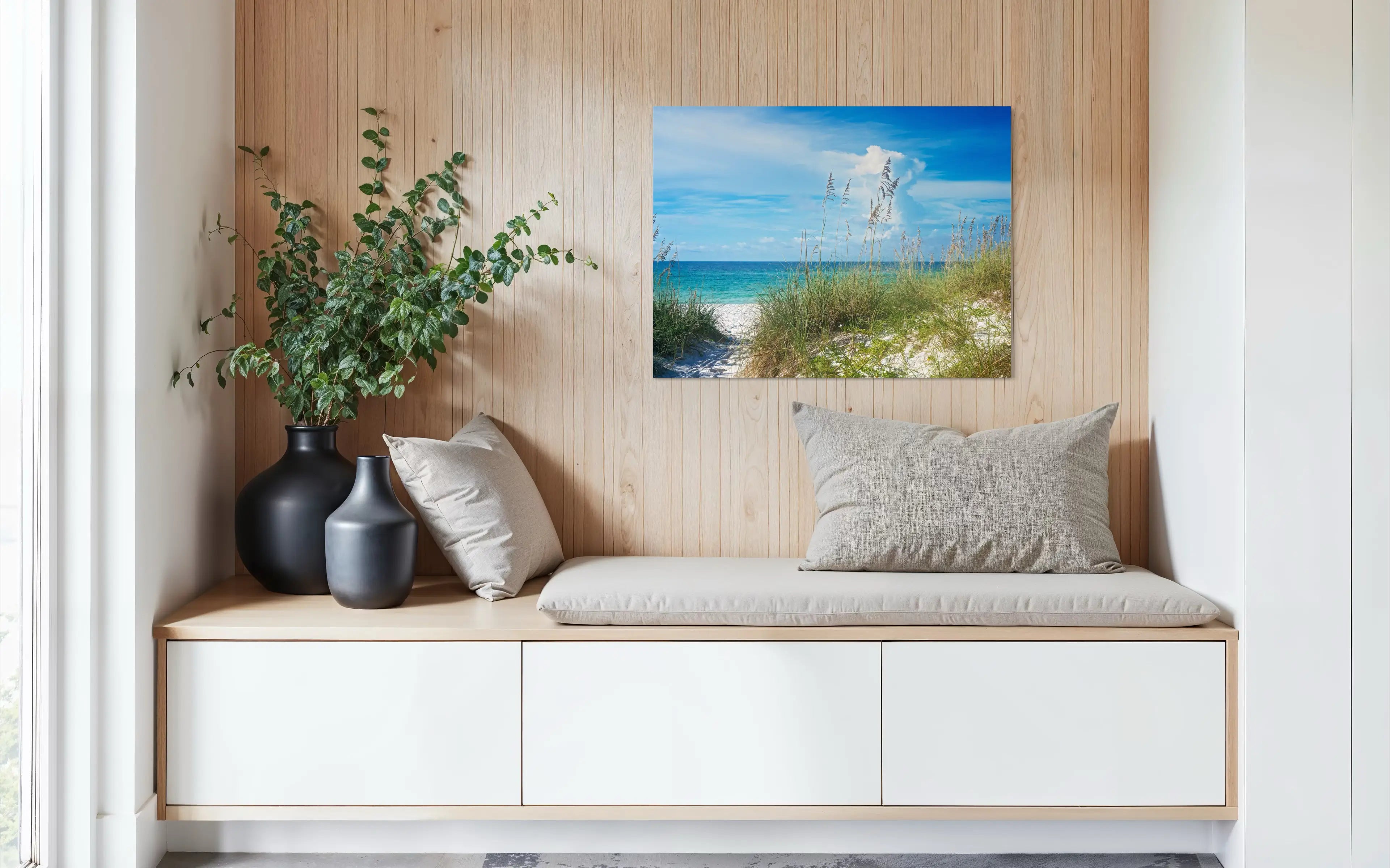 Sea oats and beach on glass, Echoes of the Sea coastal art in nook with cushions