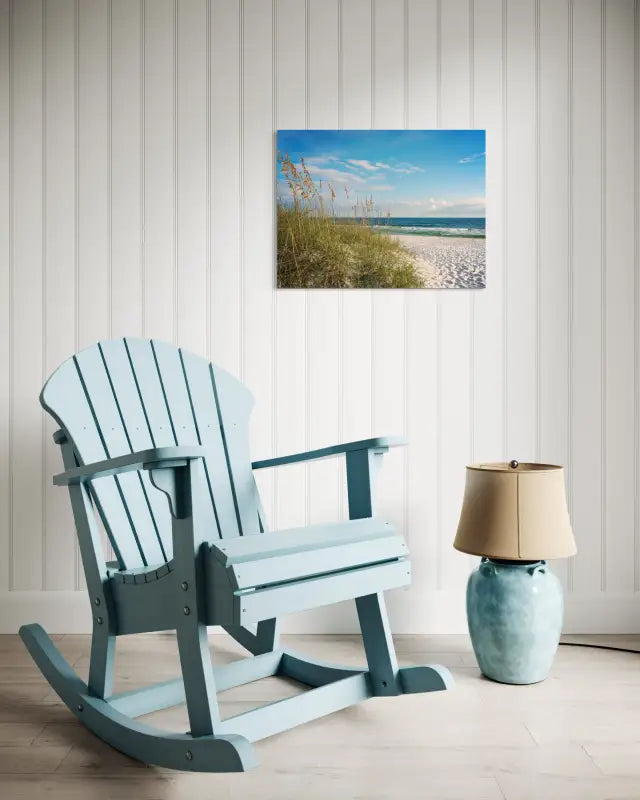 Sea oats on beach with turquoise waves, Echoes of the Sea coastal glass art-sitting area