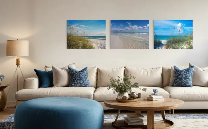 Sea oats on beach with turquoise waves, Echoes of the Sea coastal glass art -gallery wall