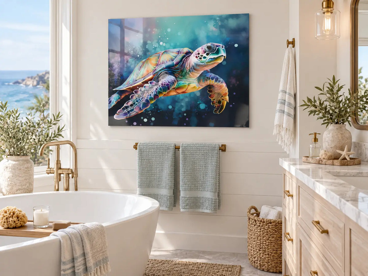 Sea Turtle Glass Print by Echoes of the Sea displayed in a bright coastal bathroom, featuring colorful underwater turtle art on frameless glass with a luminous, reflective finish.