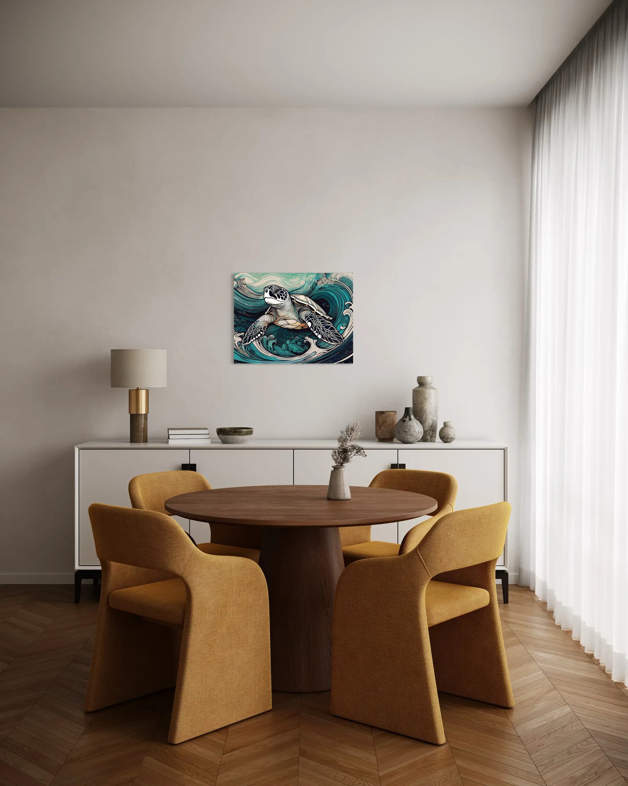 Sea turtle riding stylized Hokusai-inspired waves in blue and earth tones, coastal glass print in dining room