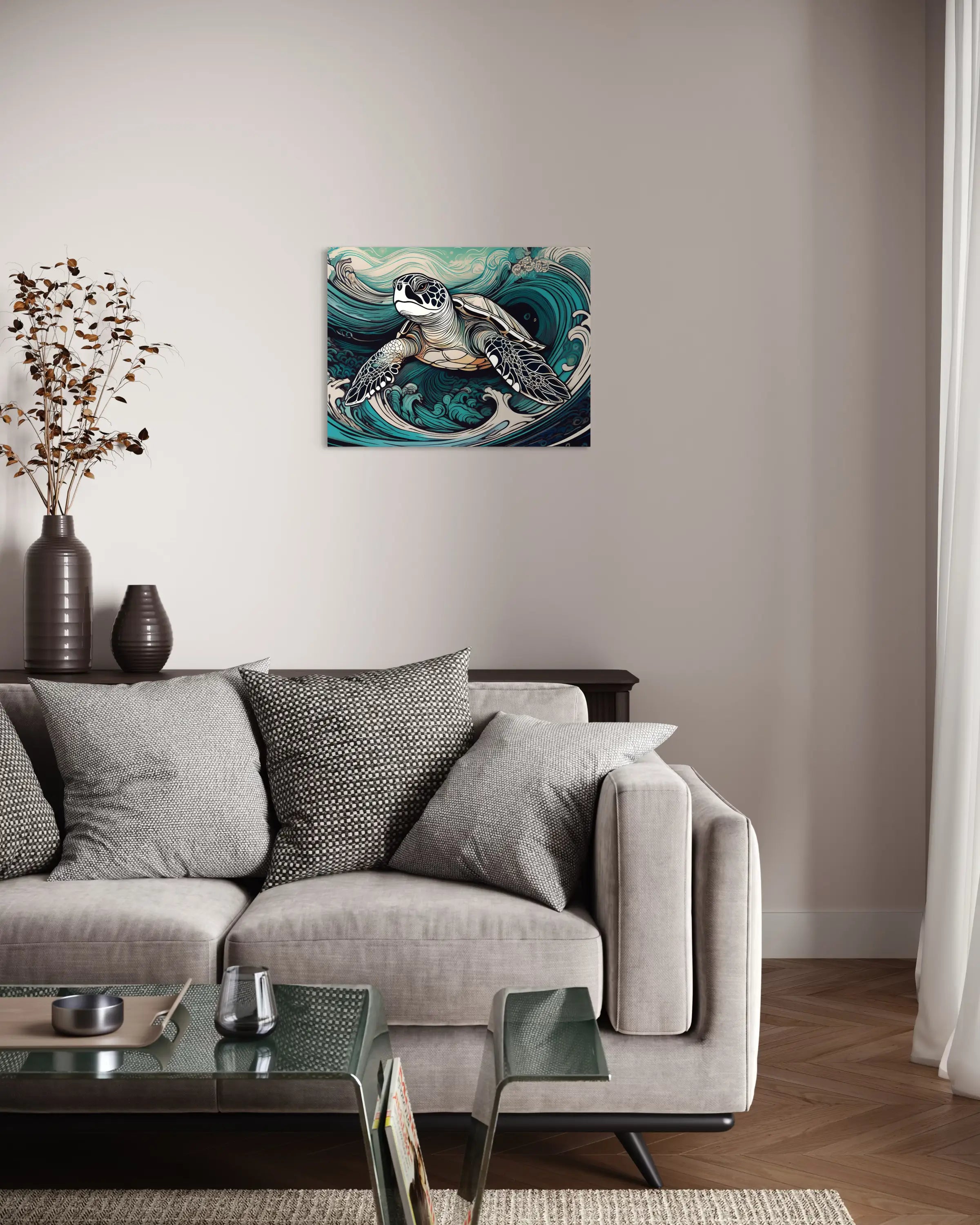 Sea turtle riding stylized Hokusai-inspired waves in blue and earth tones, coastal glass print in living room