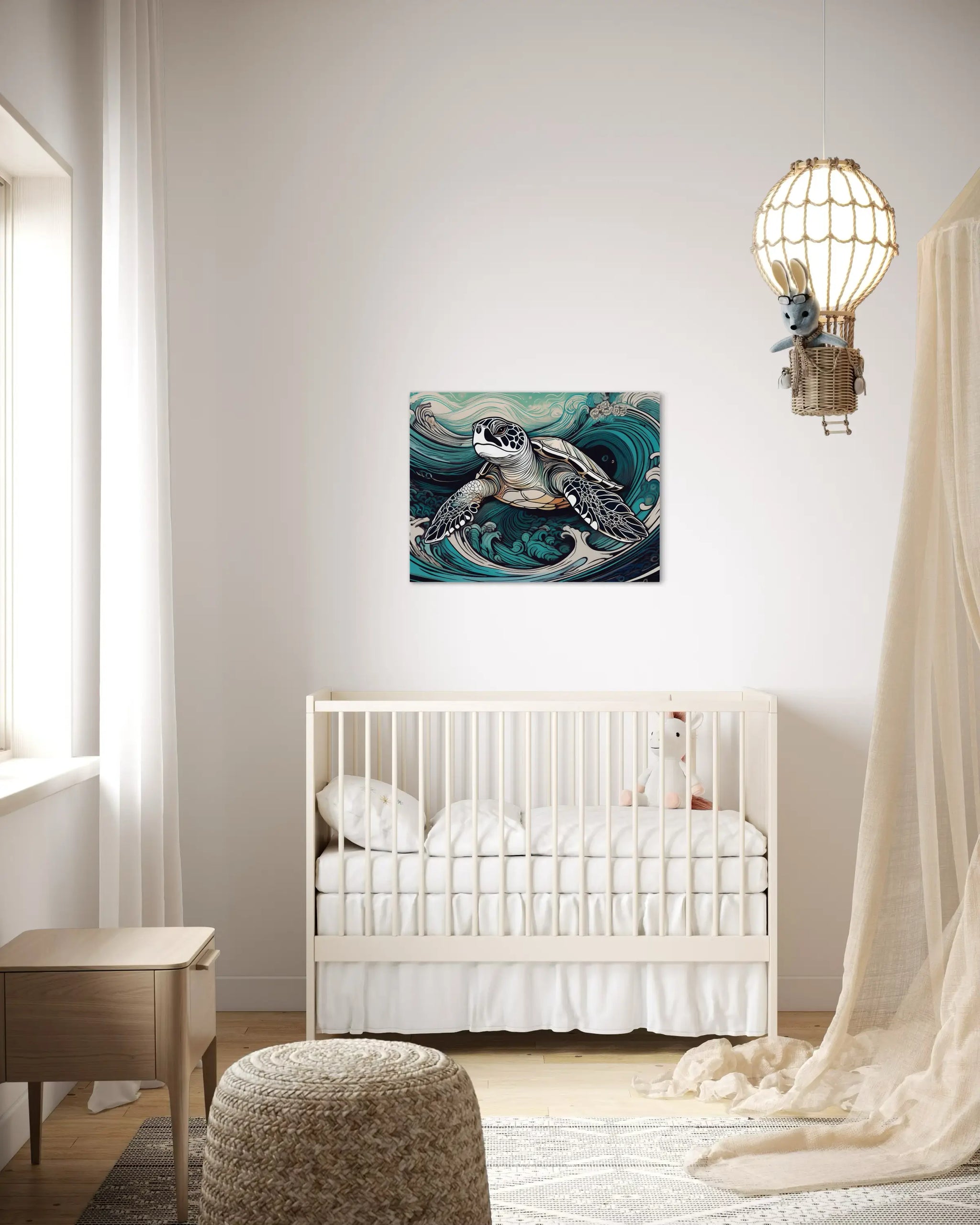 Sea turtle riding stylized Hokusai-inspired waves in blue and earth tones, coastal glass print in nursery