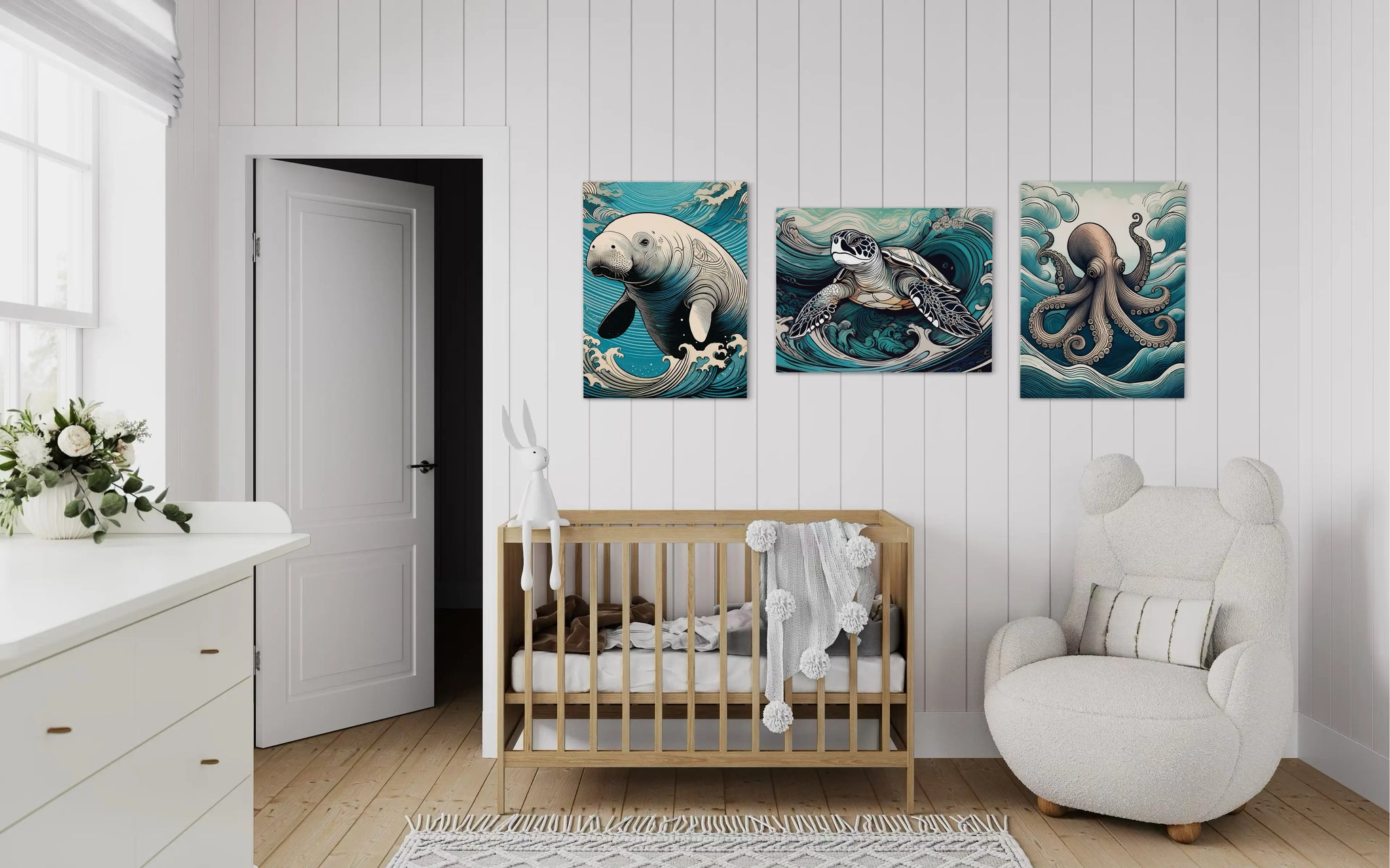 Sea turtle riding stylized Hokusai-inspired waves in blue and earth tones, with other Echoes coastal glass prints